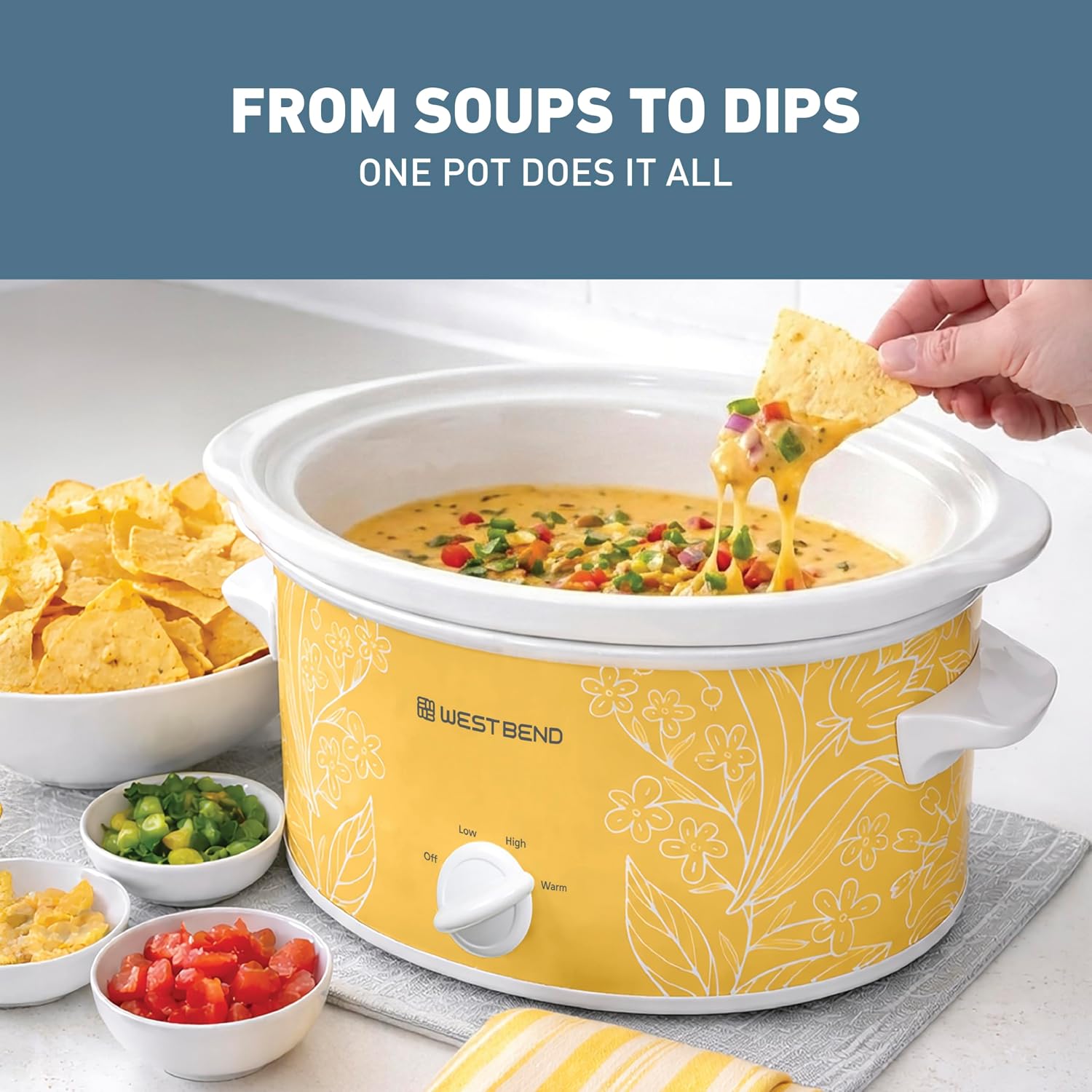 West Bend Slow Cooker 4-Quart Manual Crockery Style with Dishwasher Safe Oval Ceramic Crockpot and Glass Lid Two Temperature Settings Plus Keep Warm, 210-Watts, Black