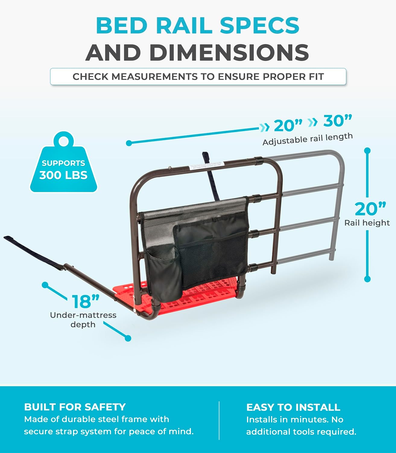 Stander EZ Adjust Bed Rail, Adjustable Senior Bedrail and Safety Assist Railing for Elderly Adults with Organizer Pouch