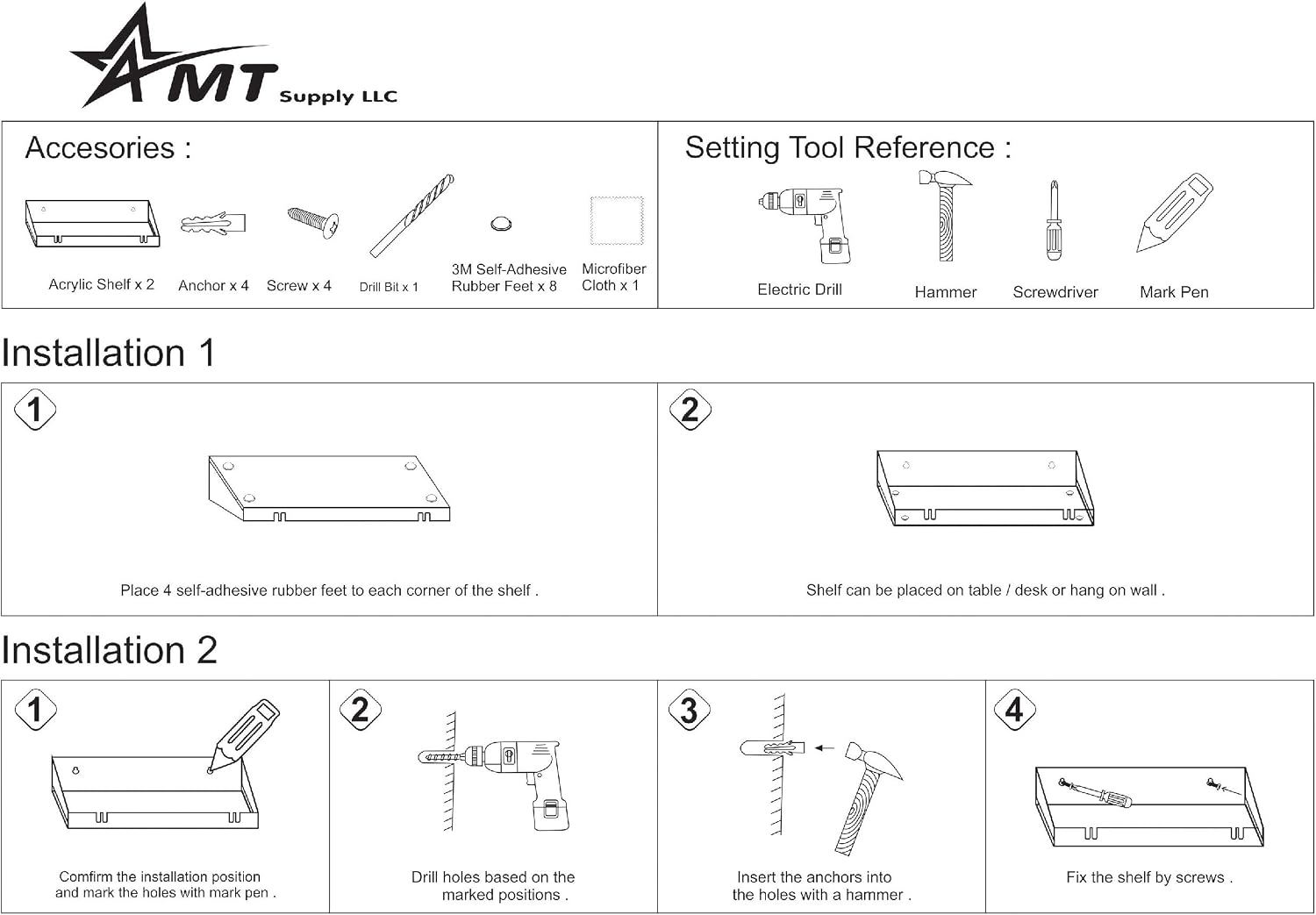 AMT 2 Pack Acrylic Floating Shelves, 15" L x 4" W, Clear Bathroom Wall, Bookshelves, Invisible Display for Office, Bedroom