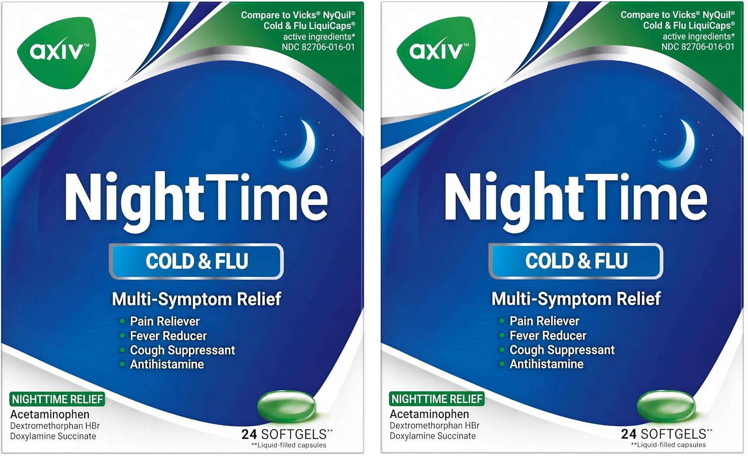 AXIV Nighttime Cold & Flu Relief Softgels, Multi-Symptom Nighttime Relief for Headache, Fever, Sore Throat, Minor Aches and Pains, Sneezing, Runny Nose, and Cough 24 Count