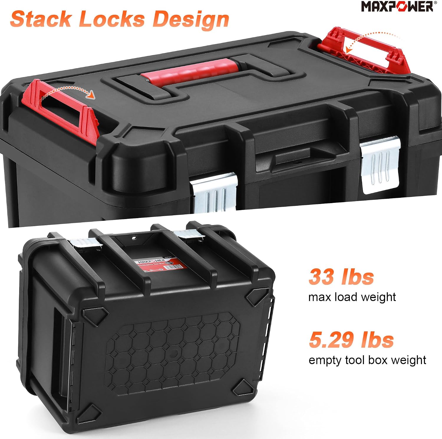 MAXPOWER Small Tool Box, 14-inch Plastic Tool Boxes with Handle | Removable Tray with Dual Lock Secured, Red Toolbox for Home