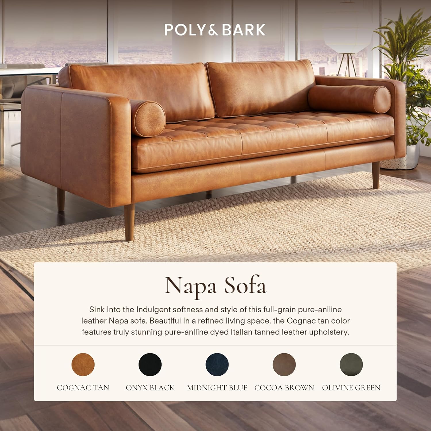 Poly & BARK 55" Tufted Leather Bed Bench for Bedroom End of Bed - Living Room Entry Way Bench - Pure Italian Leather Upholstery with a Solid Wood Frame - Ottoman Bench with Wooden Legs - Cognac Tan