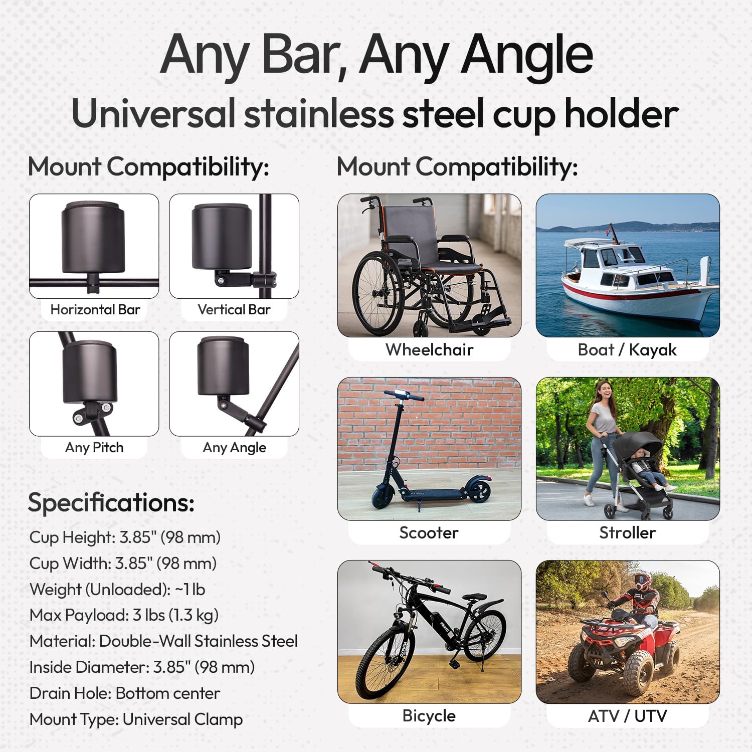 Kroozie Deluxe Bike Bottle Holder – Universal, Stainless Steel Bike Cup Holder for Handlebars – For Vertical or Angled Bars & Drinks up to 48 Oz. – Stroller, Cruiser, & Ebike Accessories