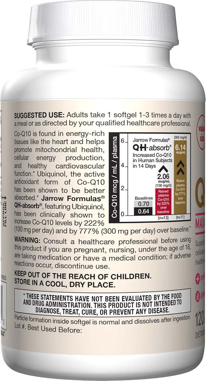 Jarrow QH-Absorb Ubiquinol 100mg CoQ10, Heart Health, 120 Softgels | High Absorption, Supports Mitochondrial Energy Production & Healthy Cardiovascular Function, Dietary Supplement