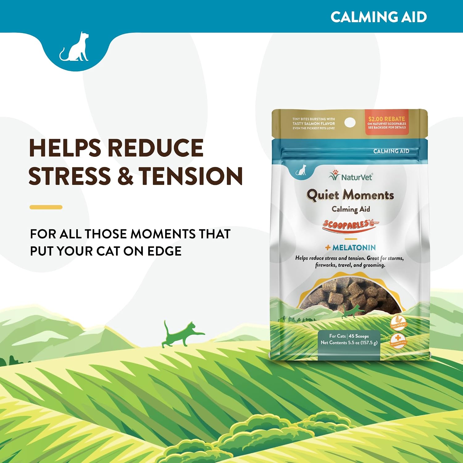 NaturVet Quiet Moments Calming Plus Melatonin Cat Supplement - 50 Count | Calming Aid for Cats - Reduce Stress, Pet Storm Anxiety, Motion Sickness - Great for Grooming, Separation and Travel