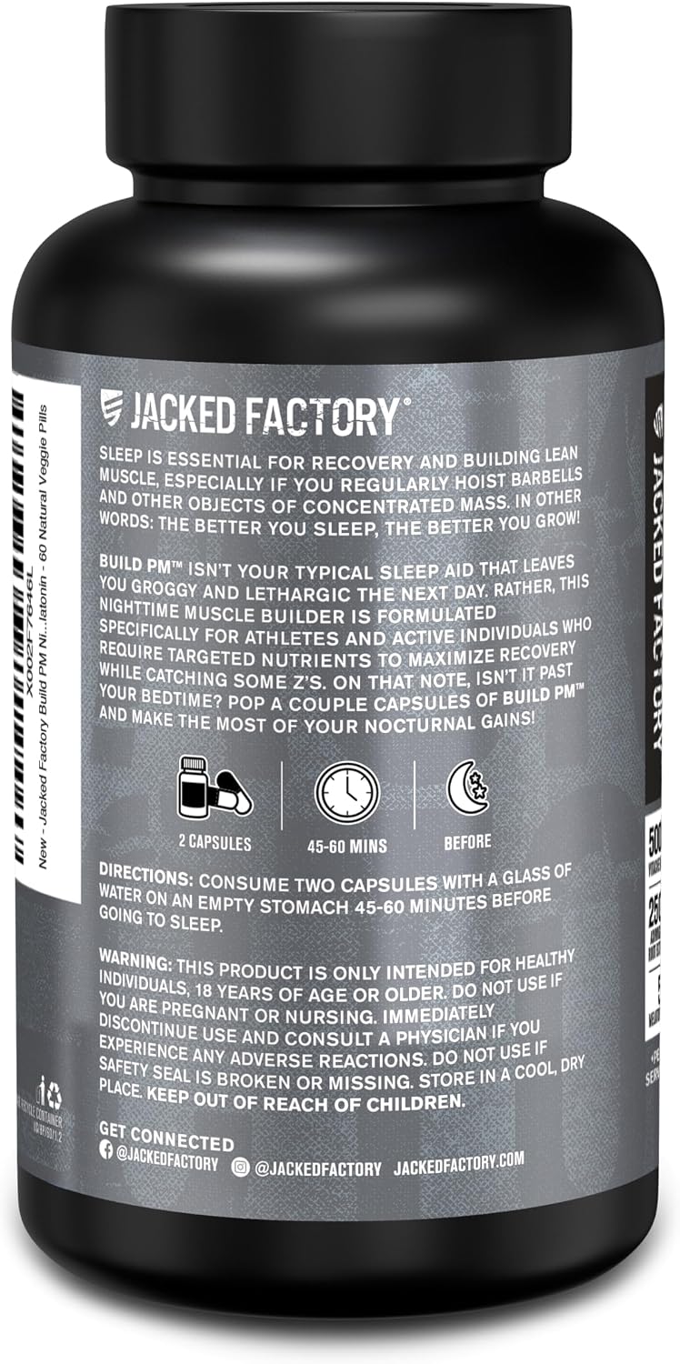 Jacked Factory Build PM Night Time Muscle Builder & Sleep Aid - Post Workout Recovery & Sleep Support Supplement w/VitaCherry Tart Cherry, Ashwagandha