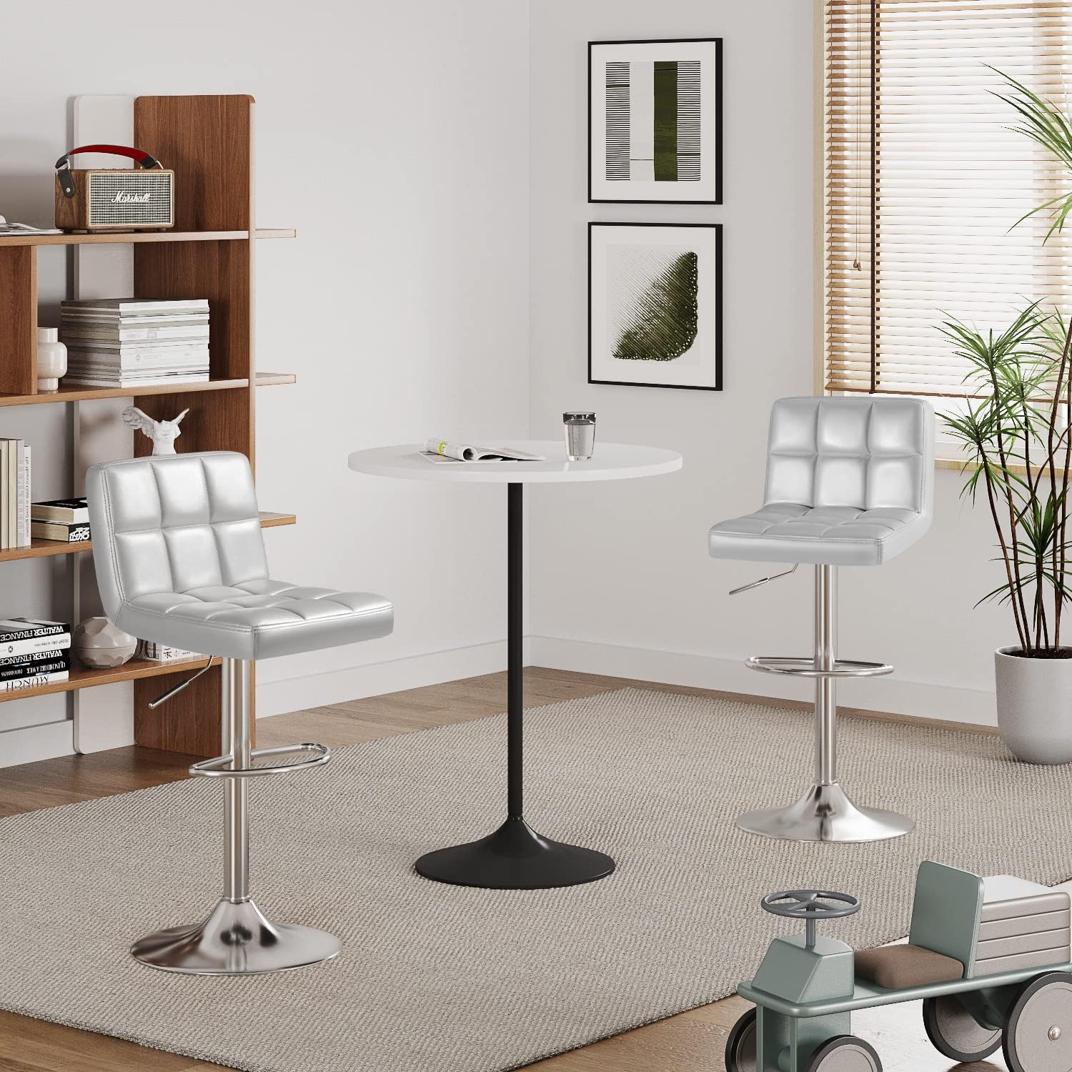 Furmax Bar Stools Modern Pu Leather Swivel Adjustable Hydraulic Bar Stool Square Counter Height Stool Set of 2 (White)