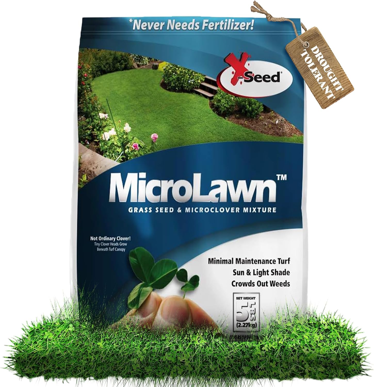 X-Seed Microlawn Grass Seed & Microclover Mix – Dense Self Feeding Lawn, Sun & Shade, Crowds Out Weeds, High Traffic, Drought-Resistant, 5 lb Bag