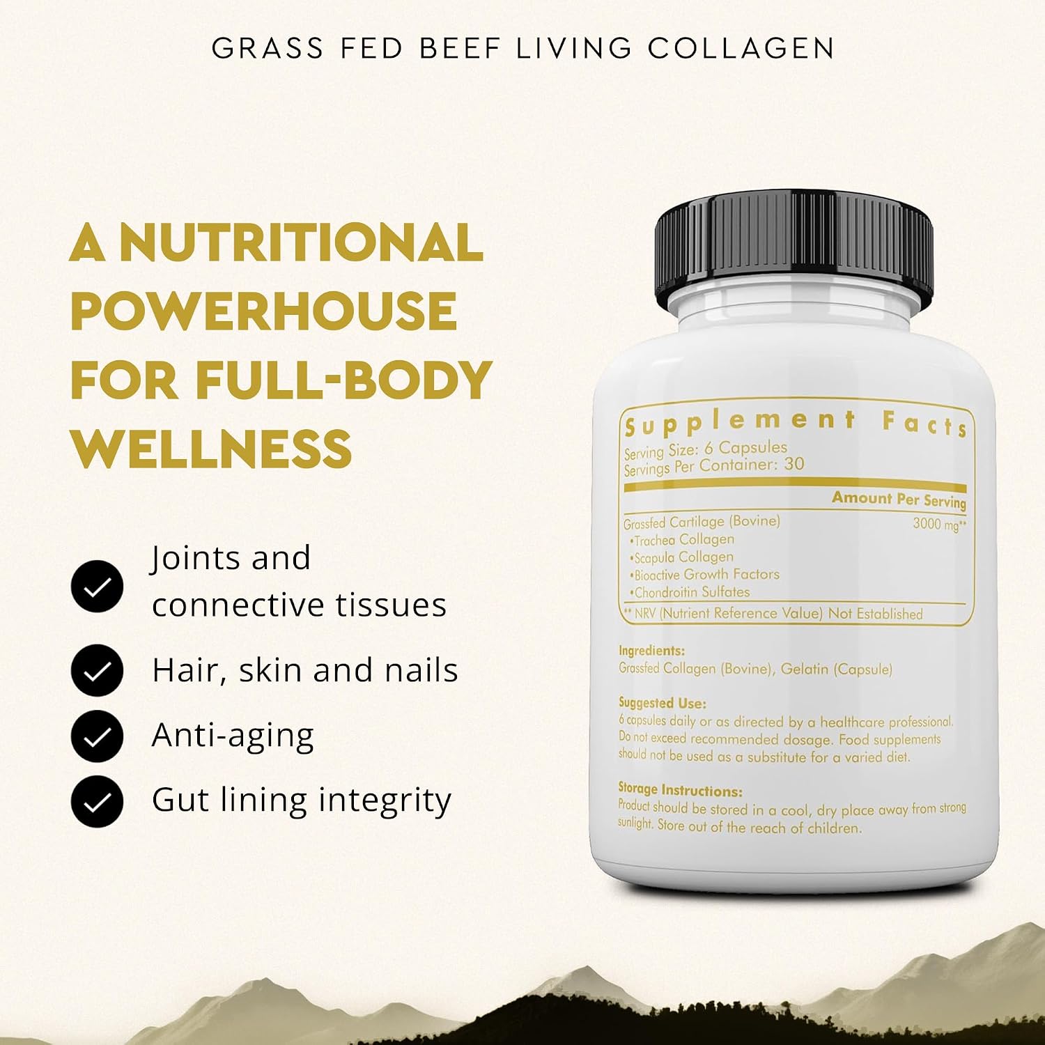 Ancestral Supplements Grass Fed Beef Living Collagen Capsules, 180 Ct | Type II collagen peptides complex in convenient capsules supports healthier