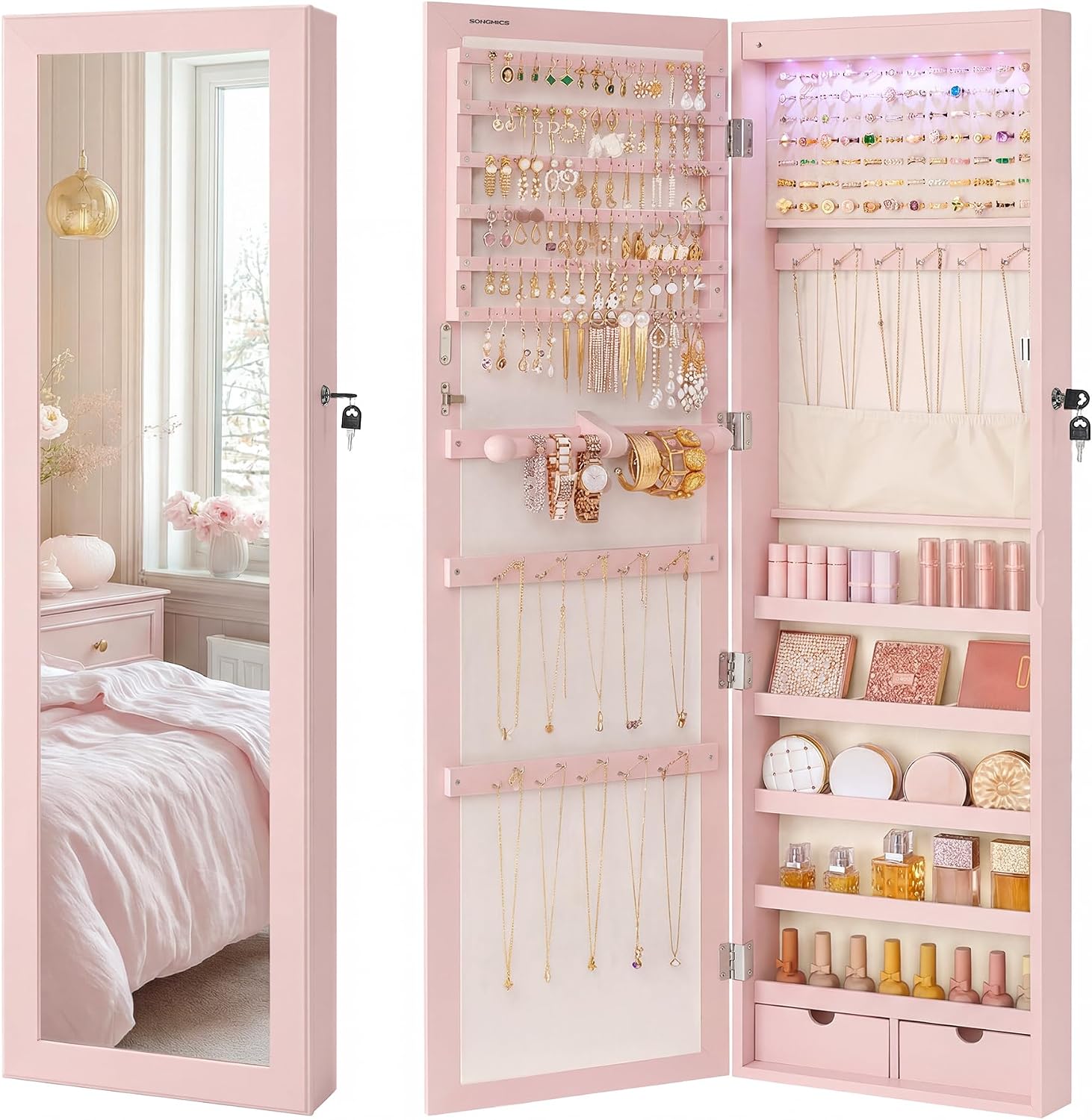 SONGMICS 6 LEDs Mirror Jewelry Cabinet, 47.2-Inch Tall Lockable Wall or Door Mounted Jewelry Armoire Organizer with Mirror, 2 Drawers, 3.9 x 14.6 x 47.2 Inches, White UJJC93W