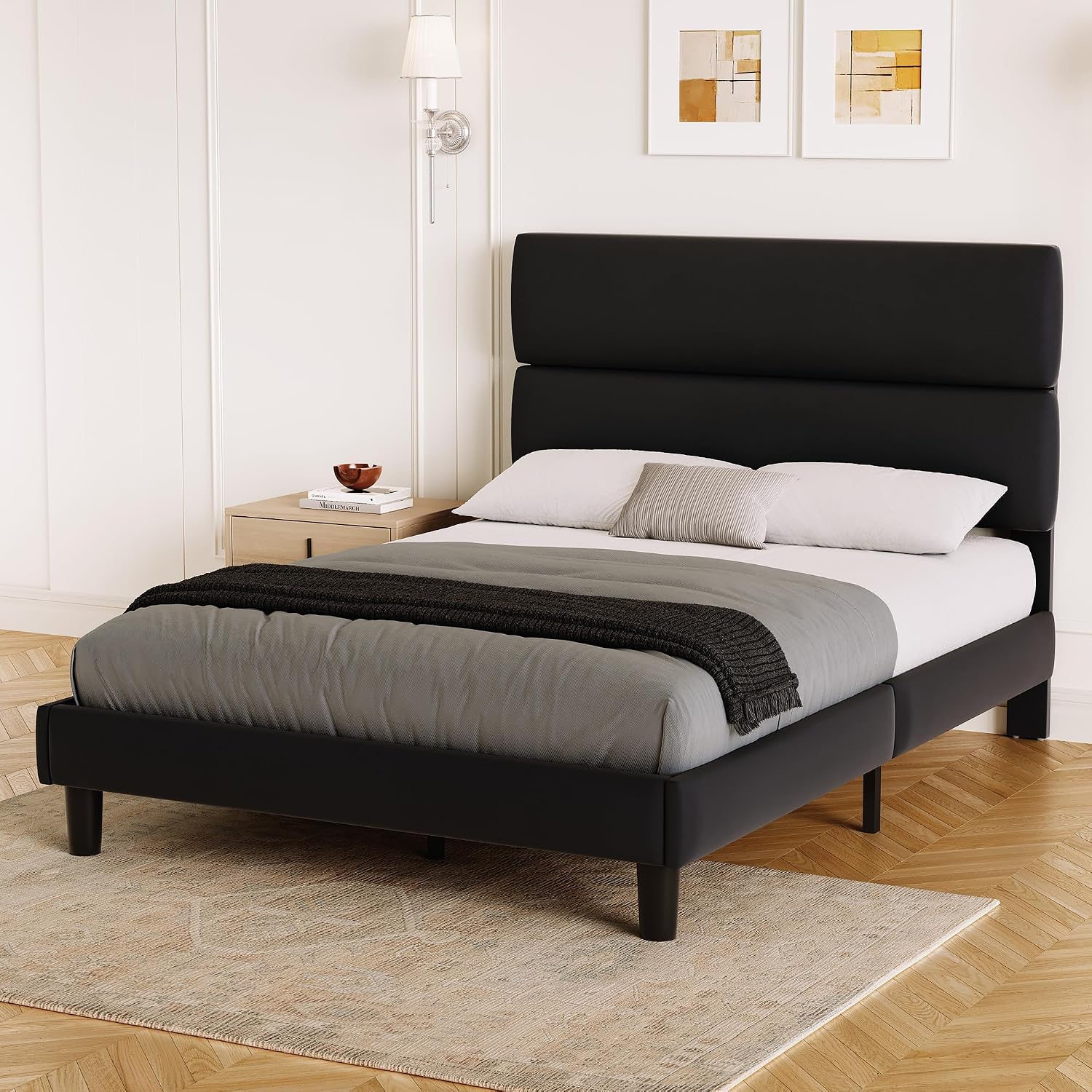 GRUSIGN Queen Size Platform Bed Frame with Velvet Headboard, Adjustable Height Wooden Slats Support, Upholstered Mattress Foundation, Fits Mattress or Mattress with Box Spring, Easy Assembly, Beige