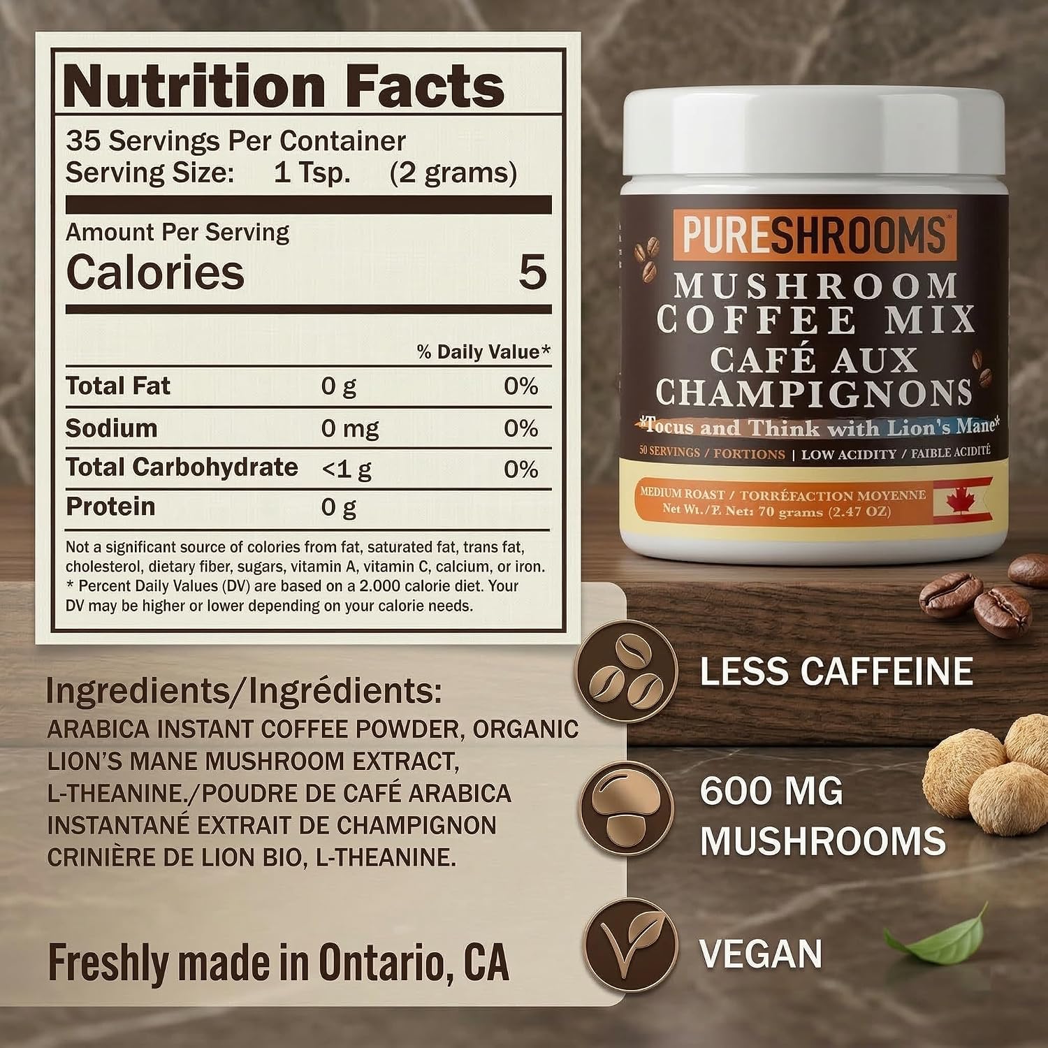 PureShrooms Mind & Body Mushroom Coffee - Instant Colombian Arabica with Organic Lion’s Mane, Reishi & Cordyceps - Low Acidity Nootropic Superfood Beverage for Focus & Vitality, 35 Servings/70g