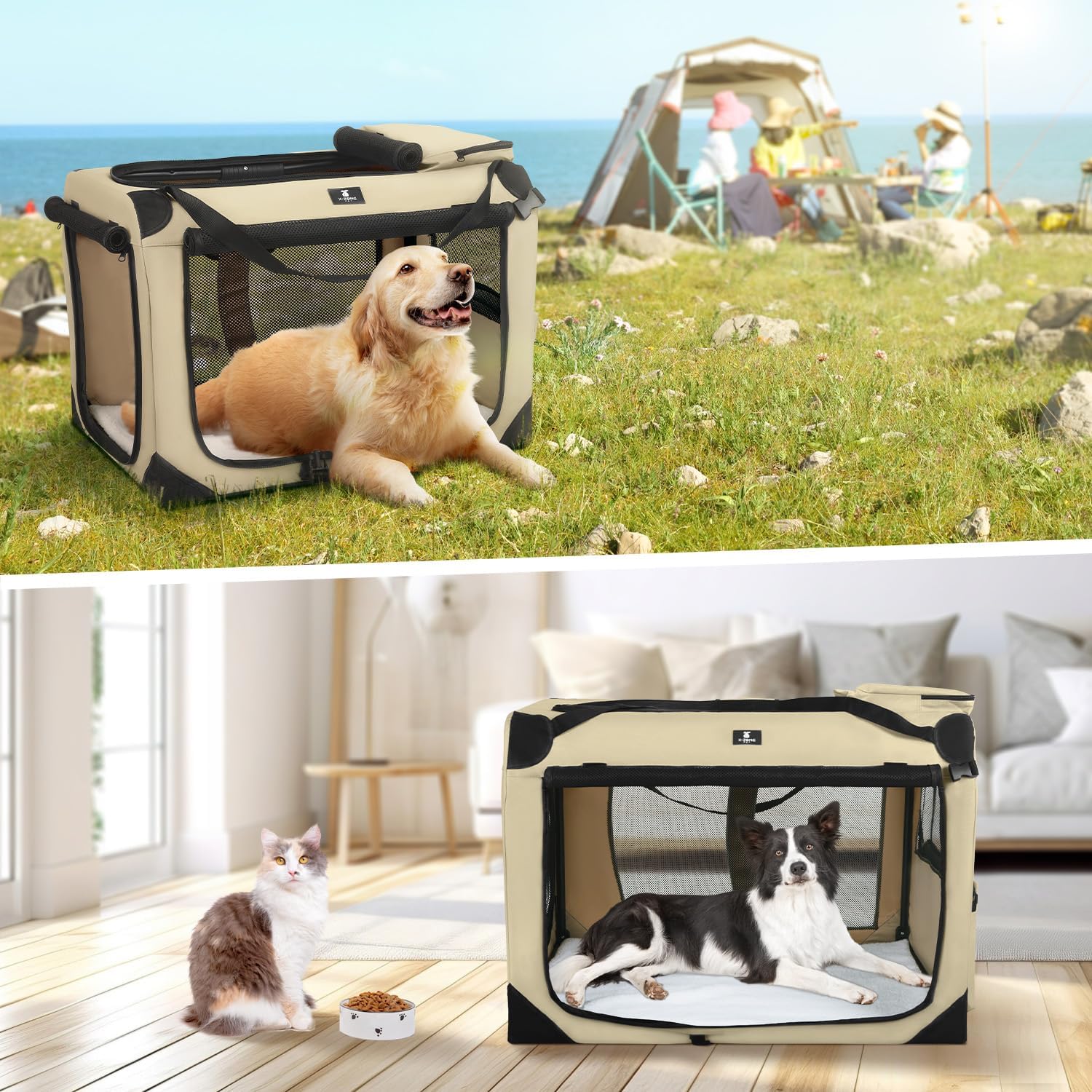 X-ZONE PET Dog Crate 3-Door Kennel, Collapsible Portable Soft Sided Pet Carriers for Indoor & Outdoor, Multiple (32-Inch, Carbon Black)
