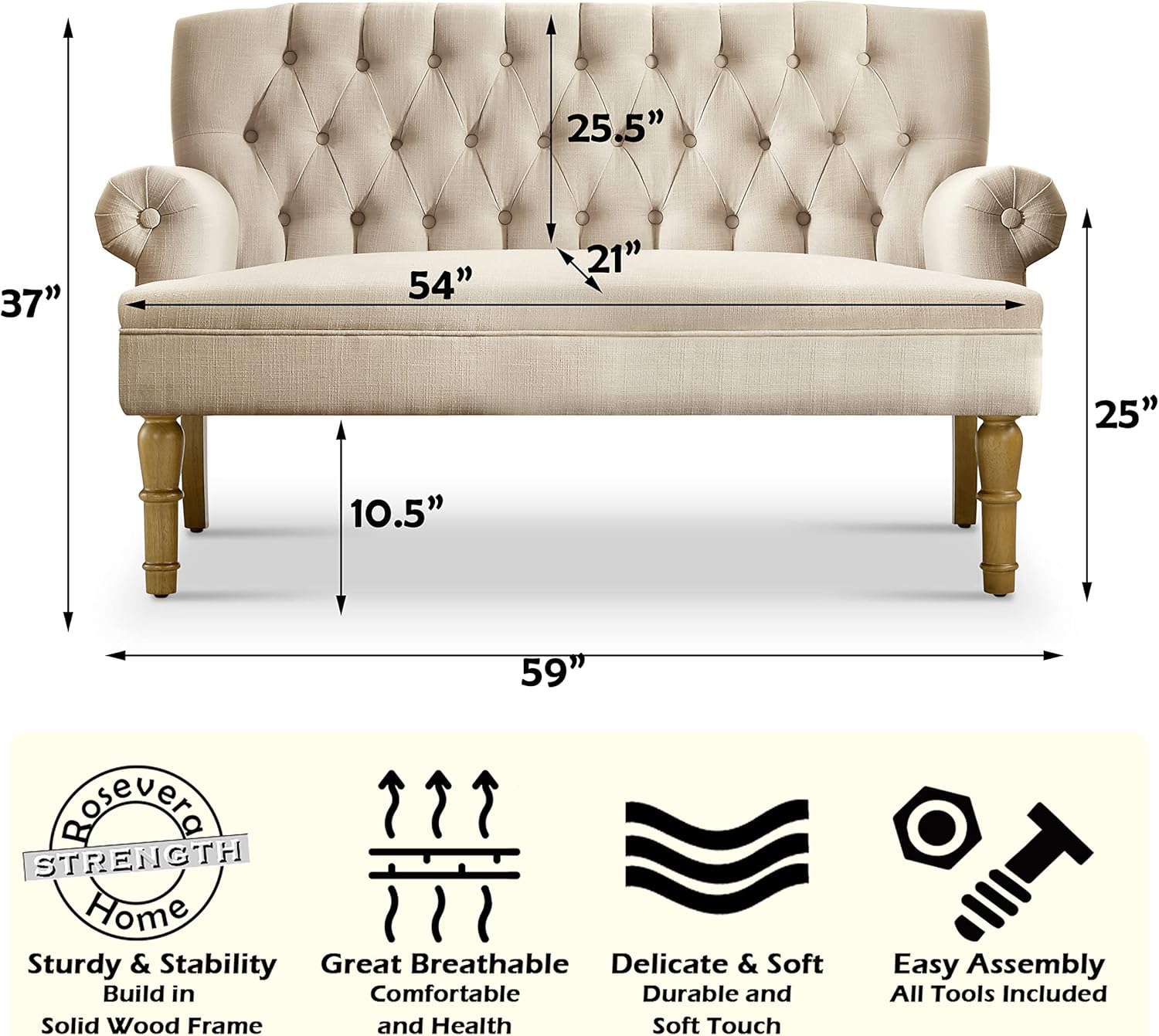 Rosevera Loveseat Sofa for Living Room - Linen, Warm Beige