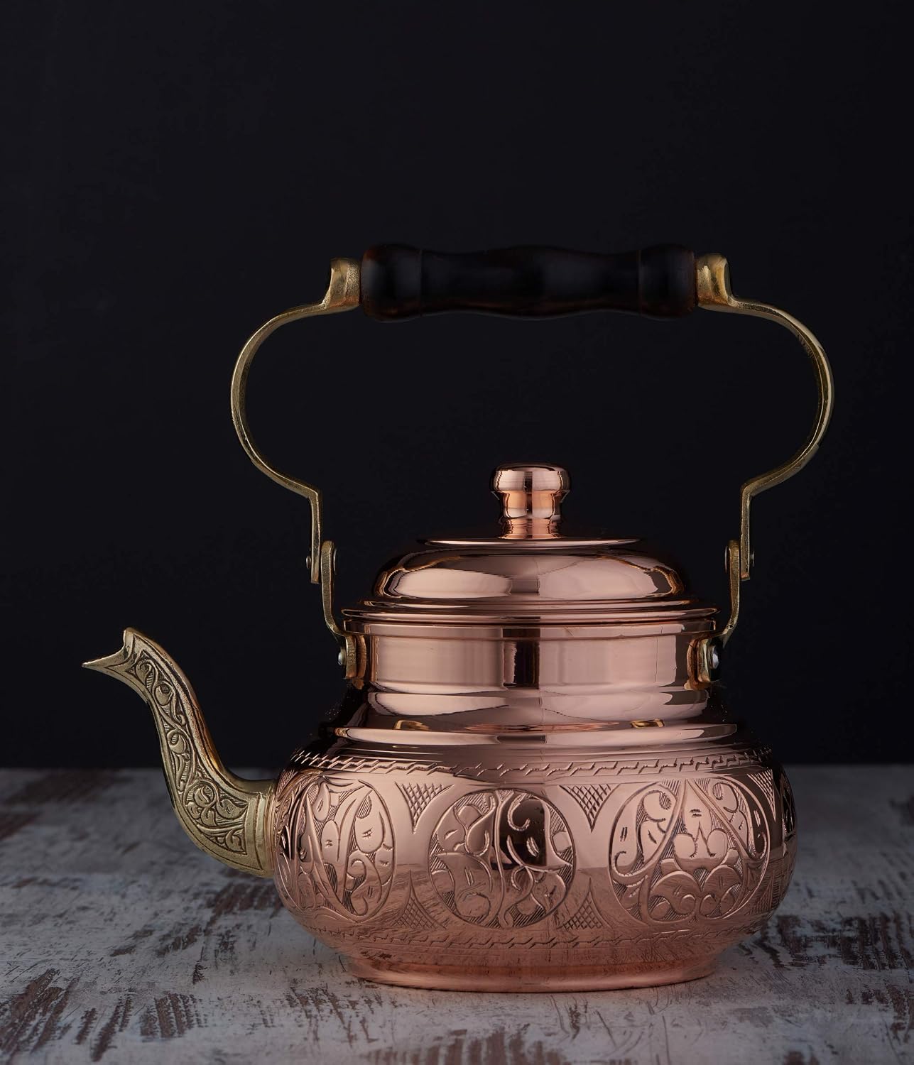 DEMMEX Handmade Engraved 1mm Thick Solid Uncoated Copper Tea Pot Kettle Stovetop Teapot, 1.6-Quart