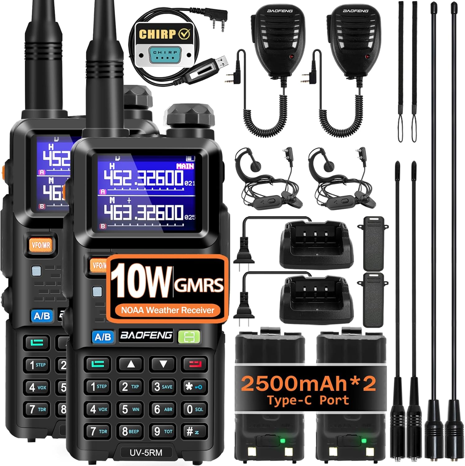 BAOFENG UV-5RM 10W Handheld Ham Radio Long-Range Portable 2 Way Radio 2Pack | Speaker Mic, Type-C Charging, Programming Cable, Earpiece, Long Antenna