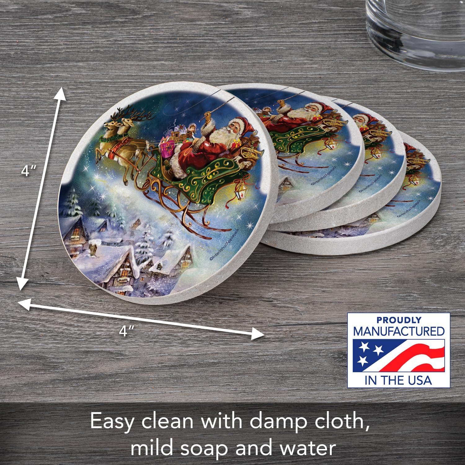 Thirstystone Santa’s Sleigh Natural Sandstone Coaster 4 Pack Eco-Friendly, Absorbent, Easily Wipes Clean | 4" Diameter, Manufactured in the USA