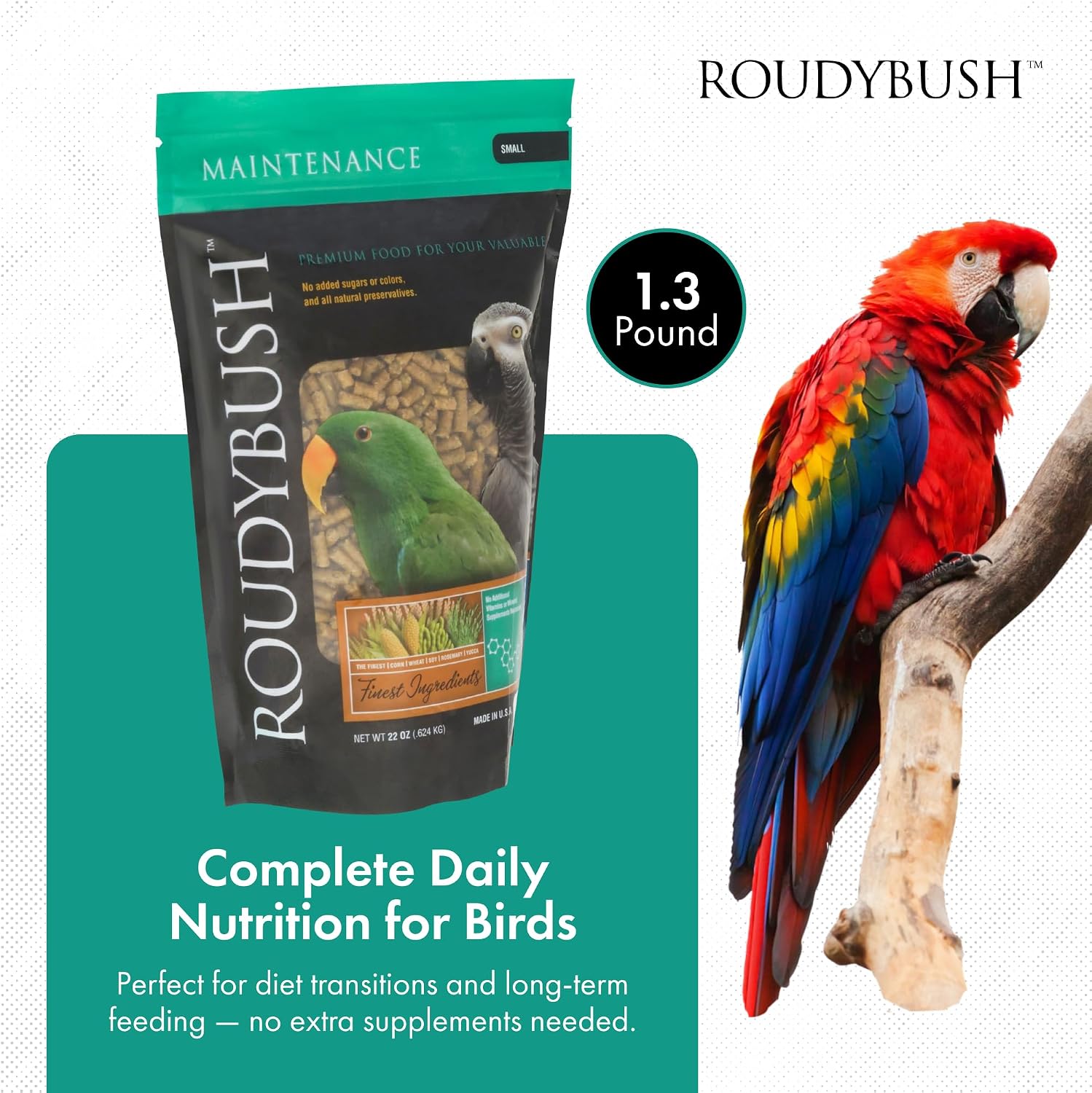 RoudyBush Daily Maintenance Food for Birds - Scientifically Formulated Bird Feed - Bird Food Pellets w/Corn, Wheat, Soy & More - Nutritious & Healthy Feed for Birds (Mini, 44oz)