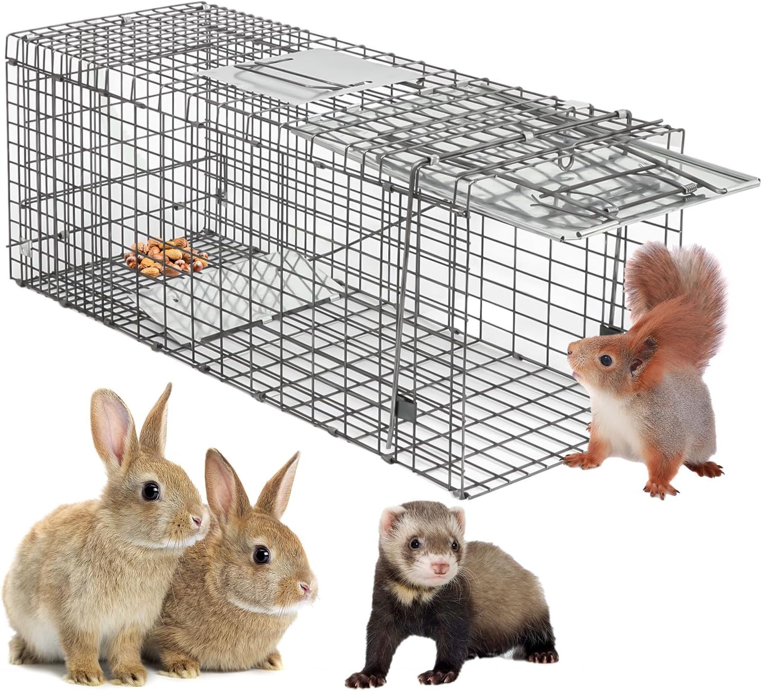 24" x 7.5" x 8" Small Live Animal Trap Steel Cage Catch and Release One Door Humane Rodent Cage Trap for Little Rabbits/Stray Cats/Squirrel/Skunk/Mink/Opossum Outdoor Animals