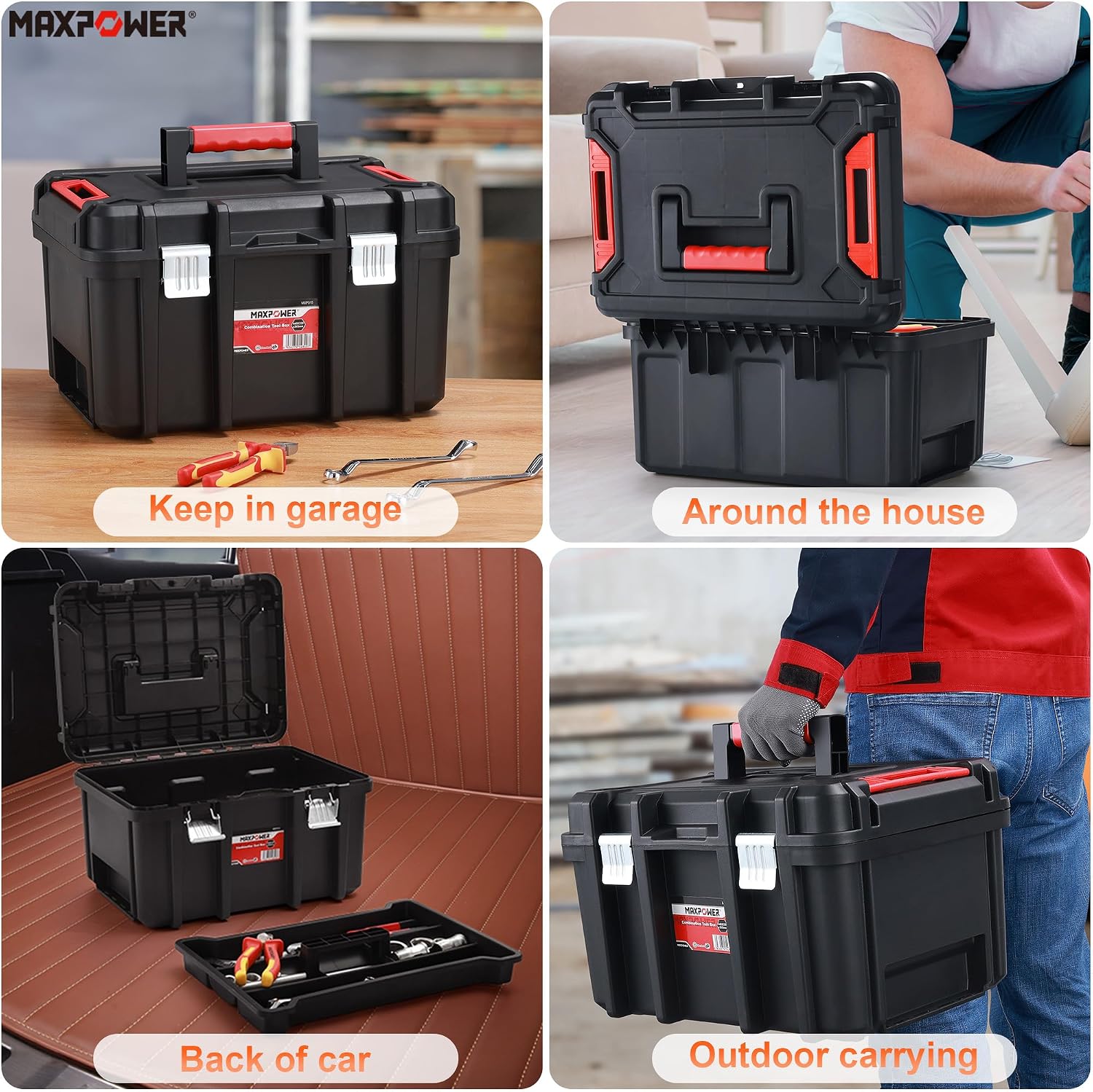 MAXPOWER Small Tool Box, 14-inch Plastic Tool Boxes with Handle | Removable Tray with Dual Lock Secured, Red Toolbox for Home
