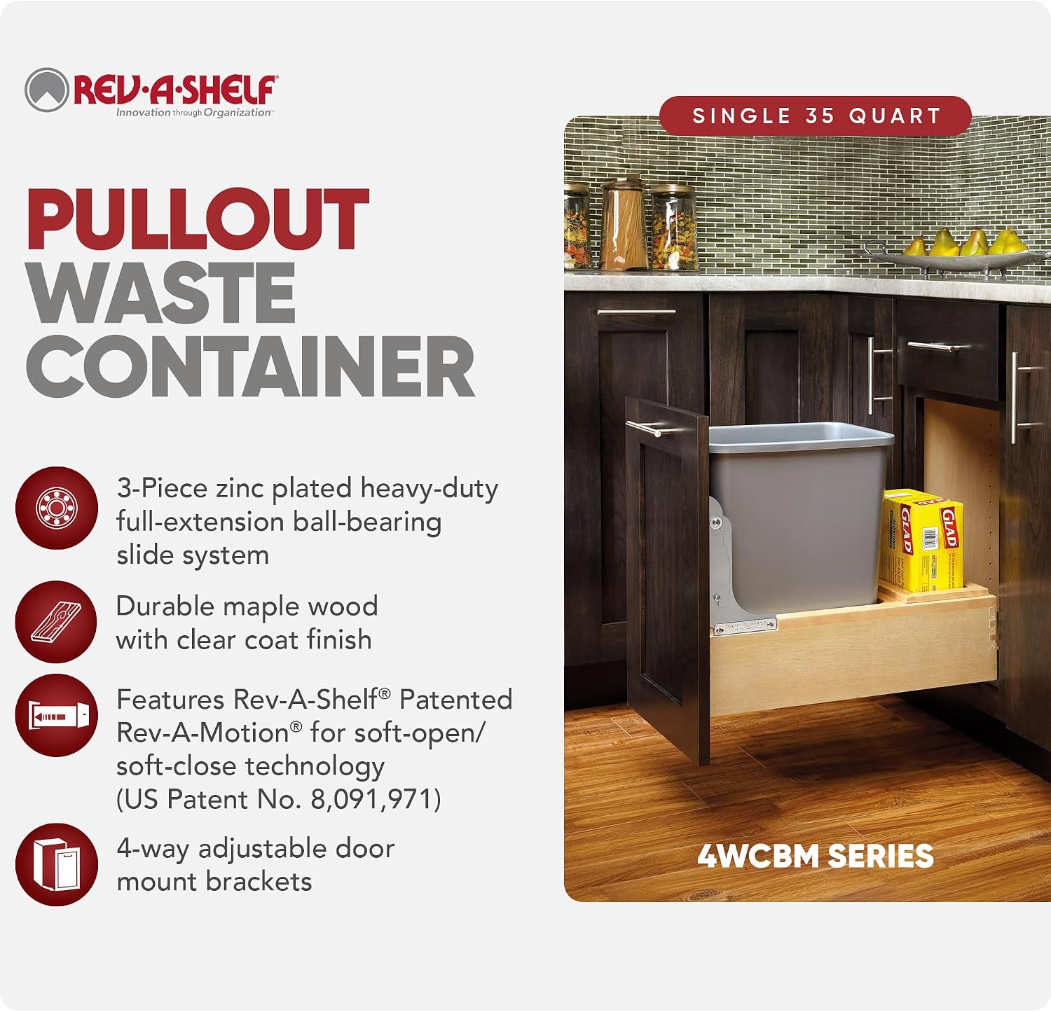 Rev-A-Shelf 35 Qt Bottom Mount Single Pullout Under Cabinet Kitchen Trash Cans for Base Cabinets, 150 Pound Rated Full-Extension Slides, Min Opening Width of 11.5", Silver, 4WCBM-15DM-1