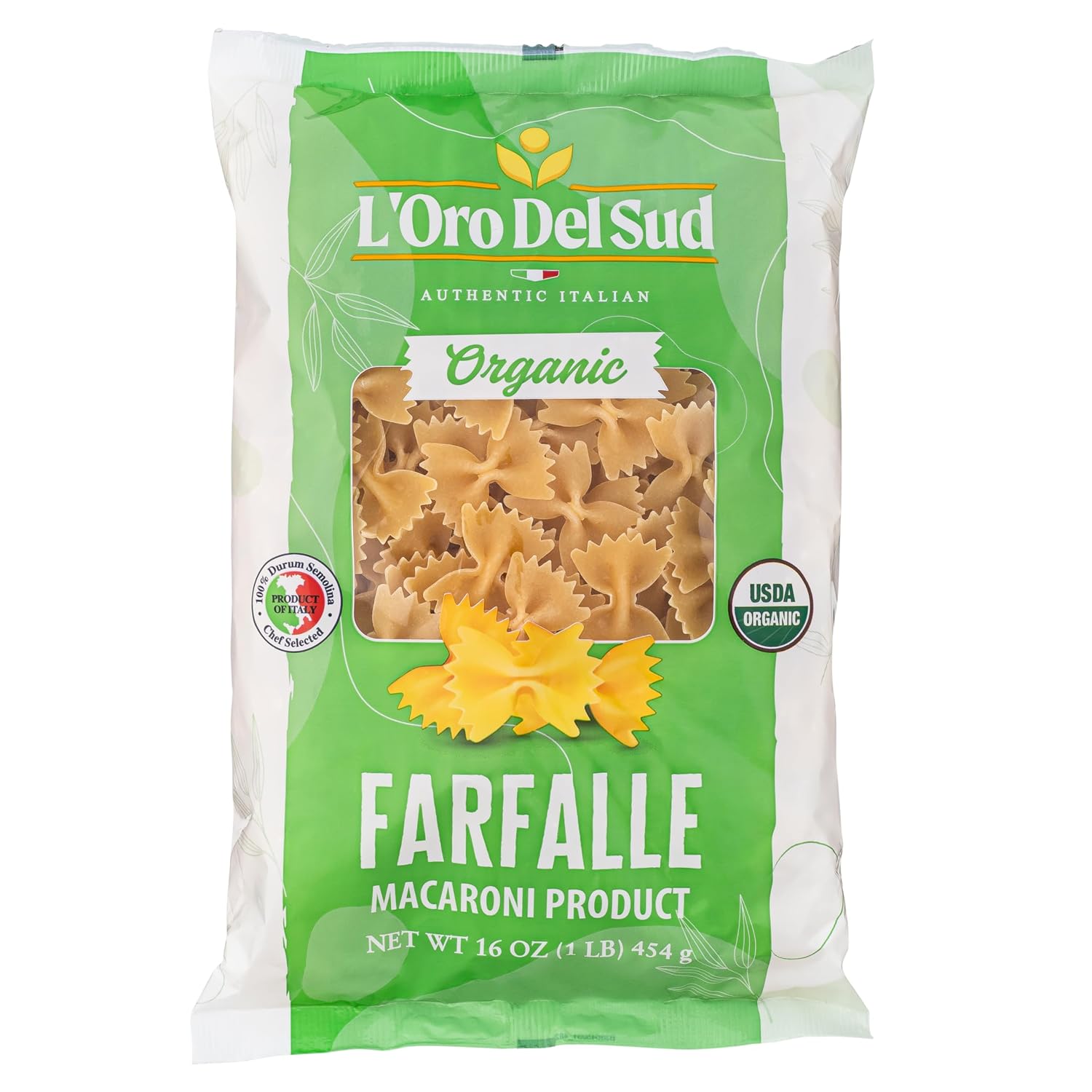L'Oro Del Sud Organic Farfalle Pasta, Italian Durum Wheat, (16 oz x 4 Pack)