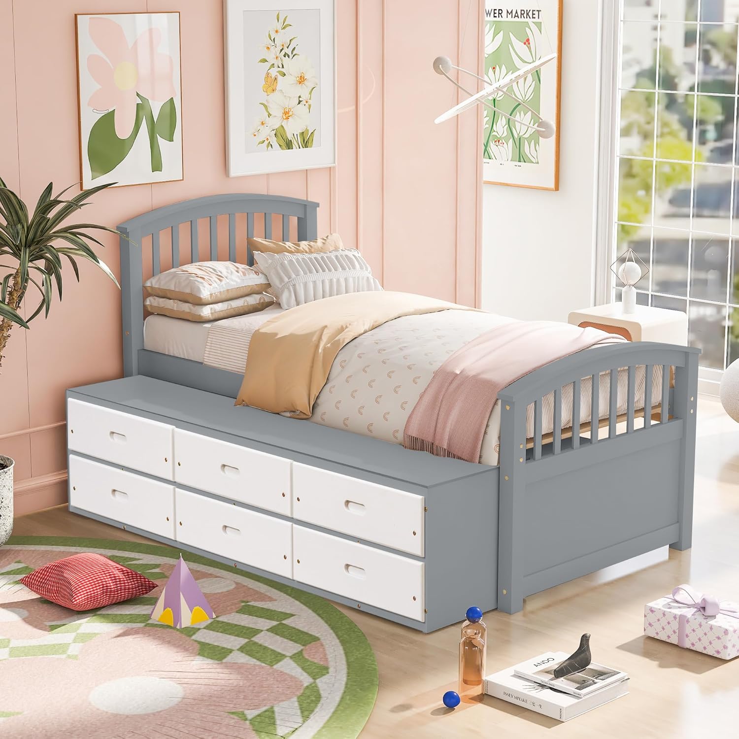Merax Twin Size Platform Storage Bed Solid Wood Bed with 6 Drawers