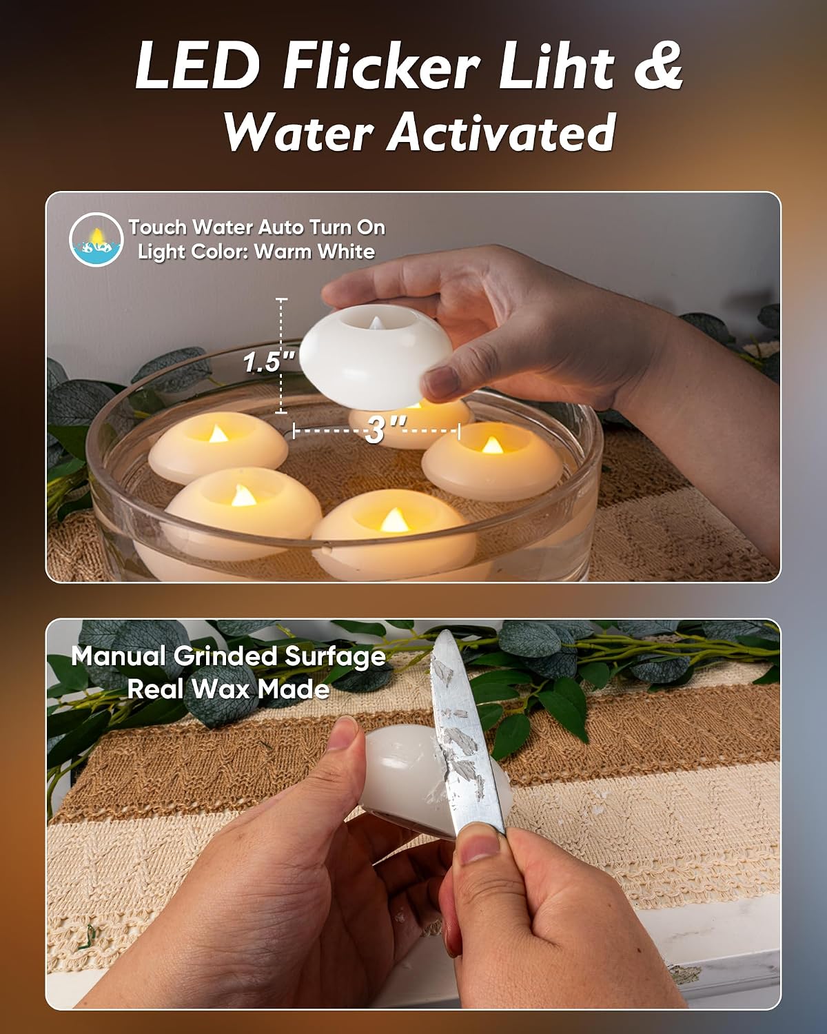 Homemory 3 Inch Flameless Floating Candles, White Real Wax, 100+ Hour, Battery Flickering Waterproof Tealights-Wedding Centerpiece, Engagement