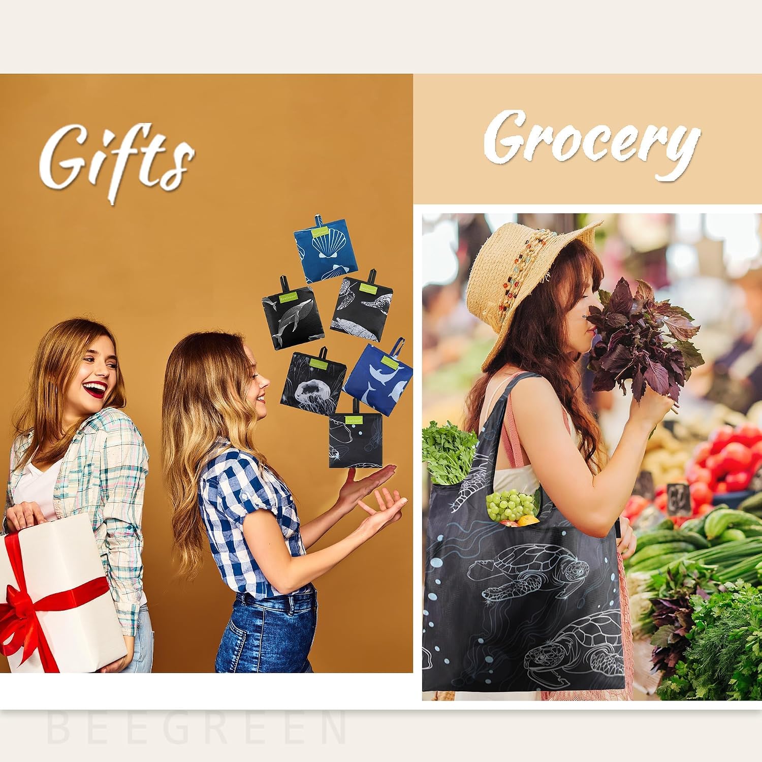 BeeGreen Grocery Bags | Reusable Gift Bags, Large Tote for Women & Foldable Beach Bag - 6 Pack Reusable Bag With Handles | Collapsible Cute Cloth Storage for Market, Holiday & Shopping | Washable​