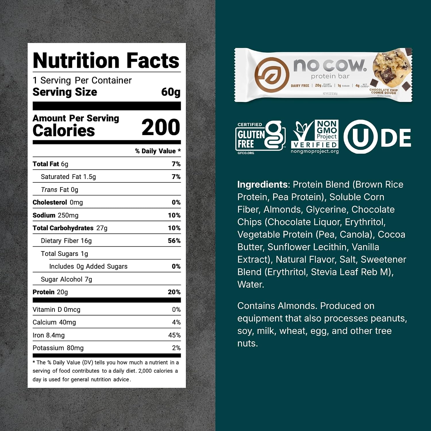 No Cow Peanut Butter Chocolate Chip Vegan Protein Bars, 12 Pack | 20g High Plant-Based Protein, High Fiber, Low Sugar, Gluten-Free, Dairy-Free, Soy-Free, Keto-Friendly Snack Bars