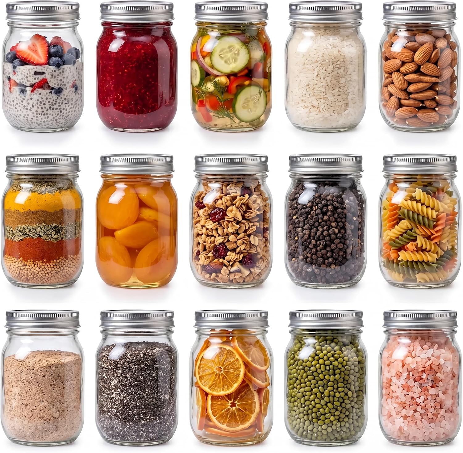 YINGERHUAN Glass Regular Mouth Mason Jars, 16 oz Clear Glass Jars with Silver Metal Lids for Sealing, Canning Jars for Food Storage, Overnight Oats