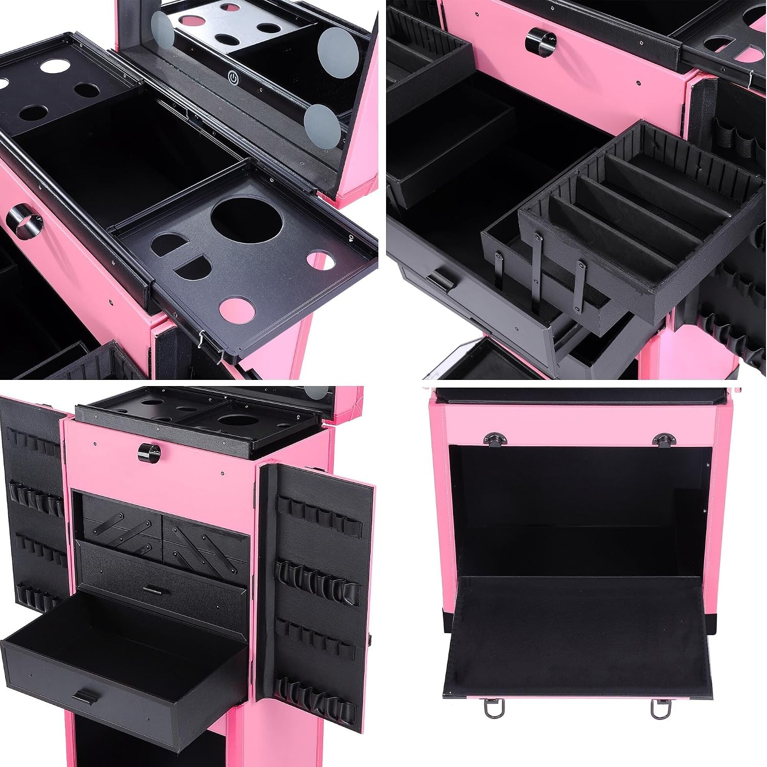 BYOOTIQUE Rolling Makeup Case with Lighted Mirror Hairstylist Station | Salonwith 2 Drawer,4 Trays,Hair Dry Holder,Professional Hairdressing Case,Beauty Salon Cart,Portable Vanity,Mobile