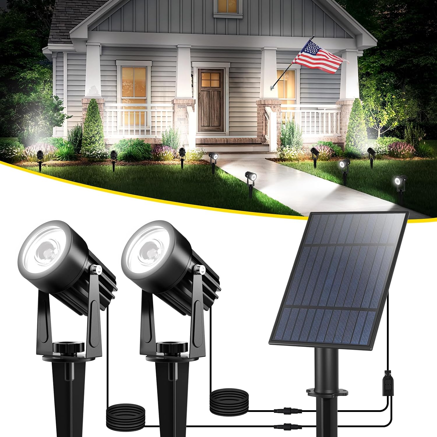 T-SUN Solar Spot Lights Outdoor, Dual Head Solar Spotlights, Cool White | IP65 Waterproof, 2 Brightness Modes, Dusk to Dawn Solar Uplights for Garden, Yard, Pathway, Patio, Lawn