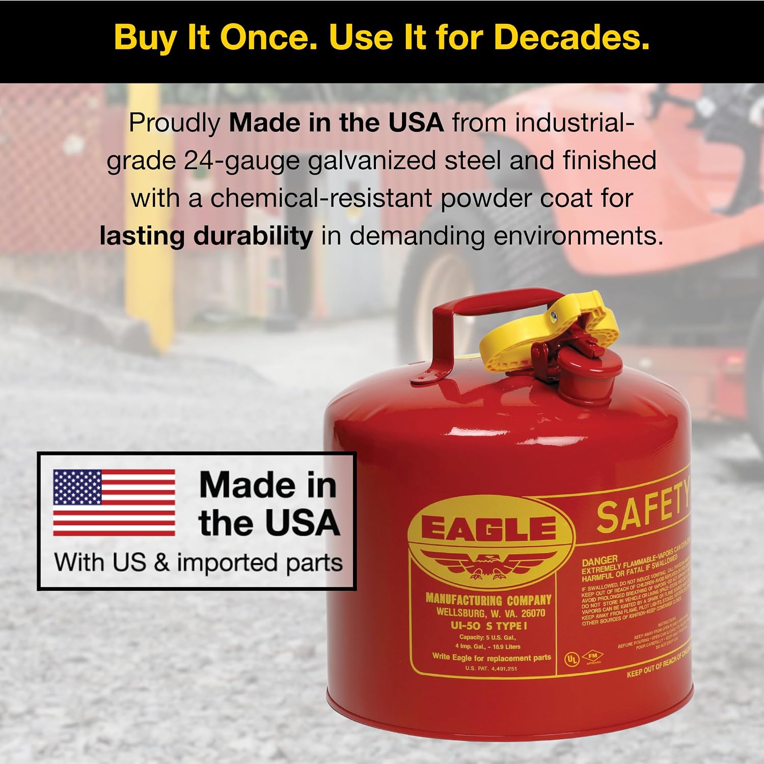 Eagle 5 Gallon Type I Red Safety Gas Can for Gasoline | Flame Arrester and Self-Closing Lid, Made in the USA, Galvanized Steel Flammable Storage Can
