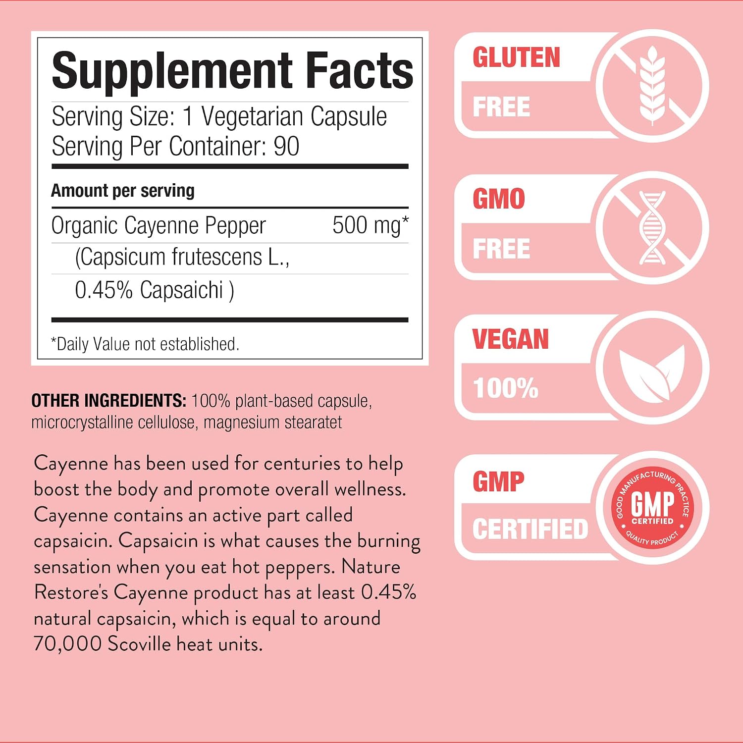 Nature Restore Premium Cayenne Pepper Extract Supplement. Standardized to 0.45% Capsaicin - 70, 000 Scoville Heat Units for Natural Metabolism Support