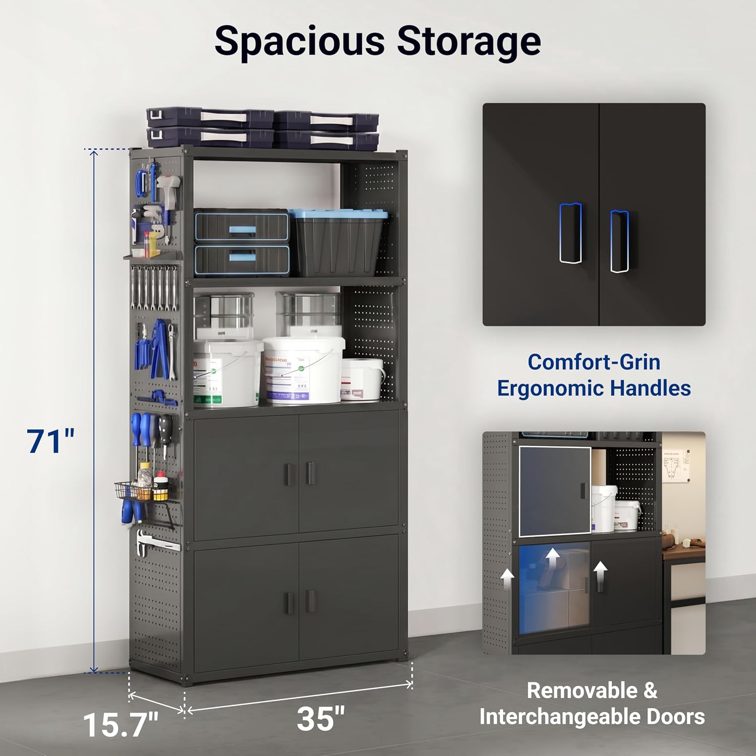 FLEXIMOUNTS 117"W Modular Garage Storage Cabinet with Workbench, Black | 6 Doors, 3700lbs capacity, Metal board shelf includes pegboard, 3-in-1 metal tool cabinet, 24-gauge steel, FLEXIMOD Series