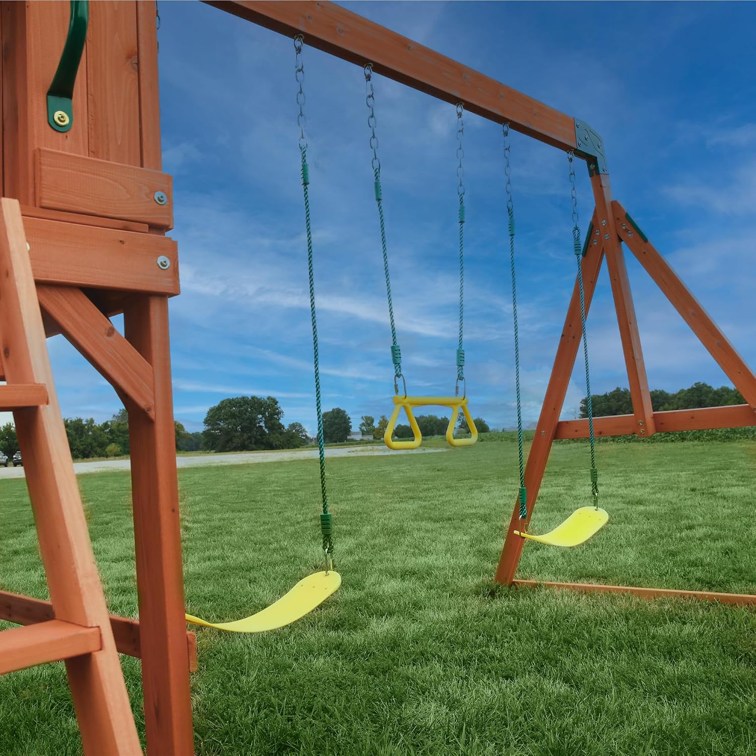 Backyard Discovery Atlantis Cedar Wood Swing Set with Wave Slide, Raised Clubhouse, Rock Wall, Belt Swings, Trapeze, Balcony, Lower Play Space