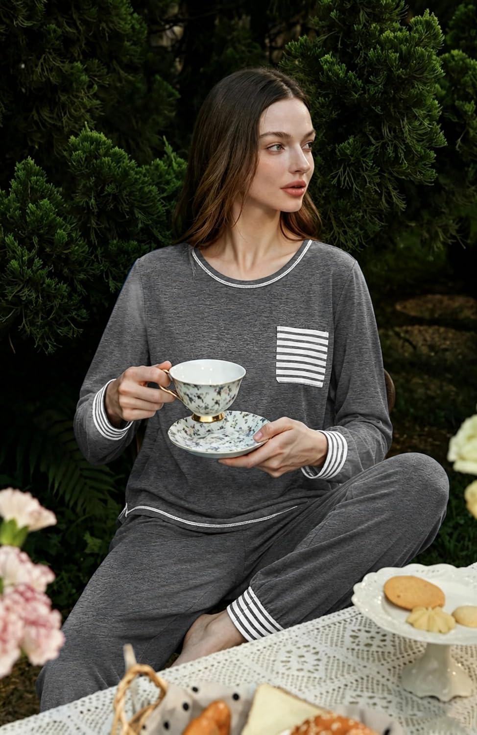 SWOMOG Women’s Pajamas Set Long Sleeve Sleepwear with Long Pants Soft Modal Loungewear Pj Set