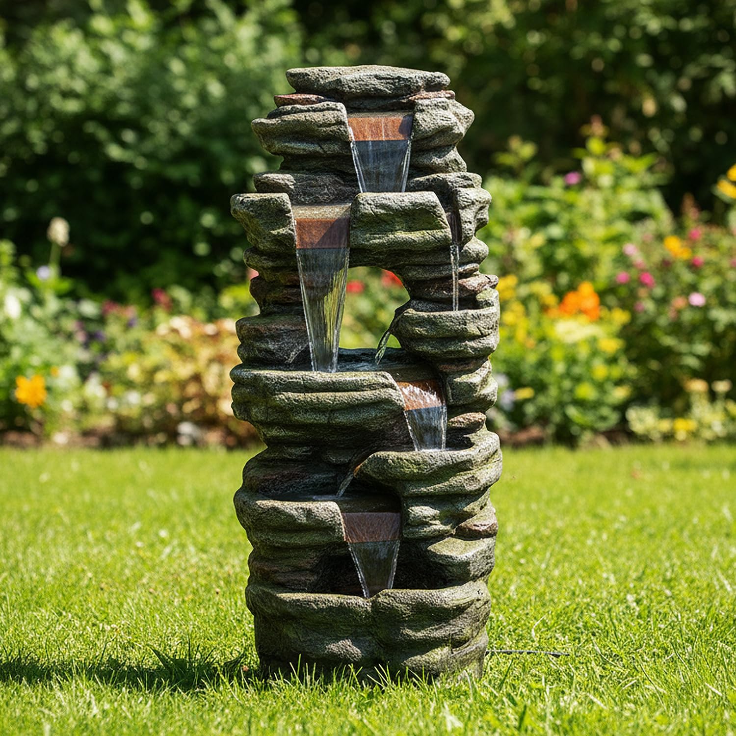SunJet 40.5” High Rocks Outdoor Water Fountain - 6-Tiers Cascading Waterfall with LED Lights, Soothing Tranquility for Home Garden, Yard Decor