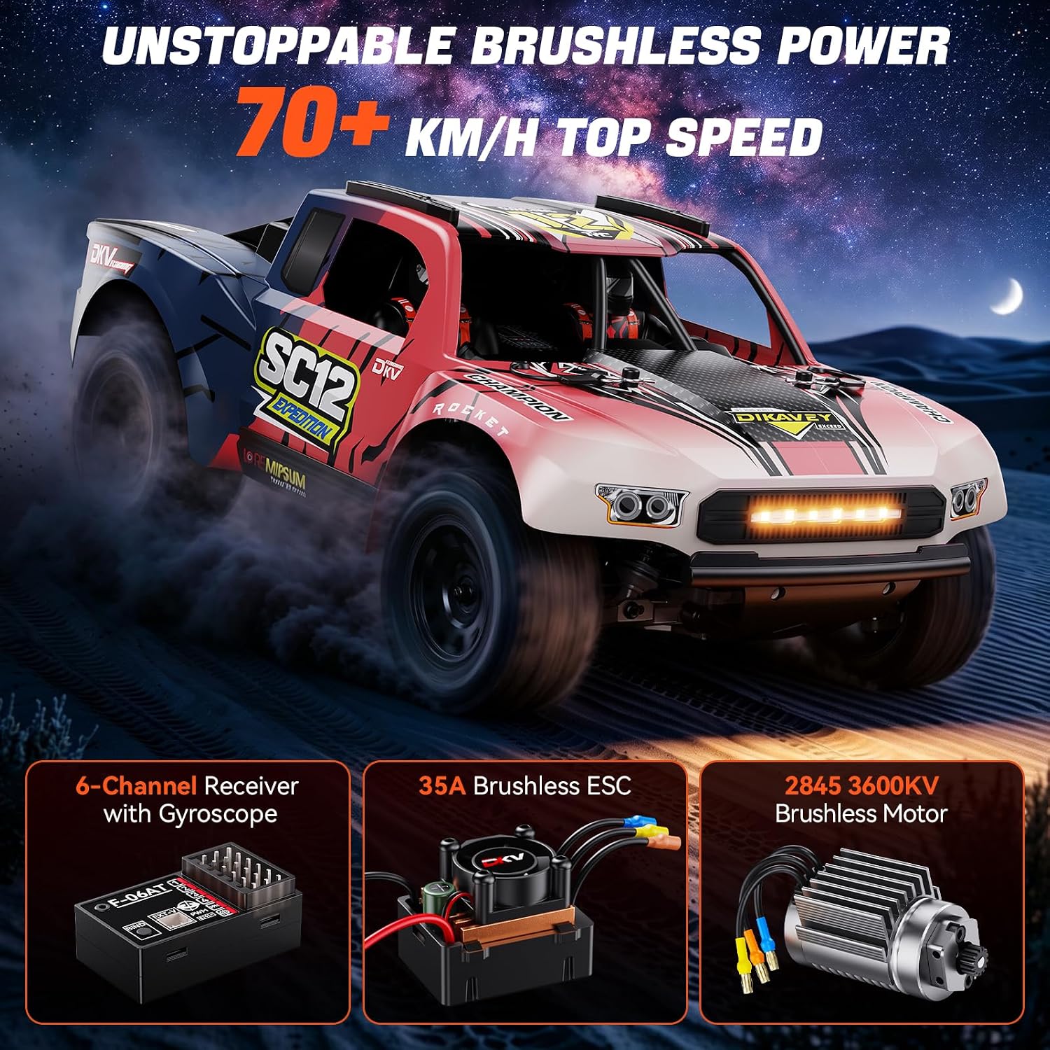 1/12 Brushless Remote Control Car RTR, 42MPH (70+Km/H 4WD Rc Short-Course Truck, Amateur-Level Rc Drift Car, Equipped with 3s 2200 Mah Battery, All-Terrain Tires, Suitable for Adults-RED