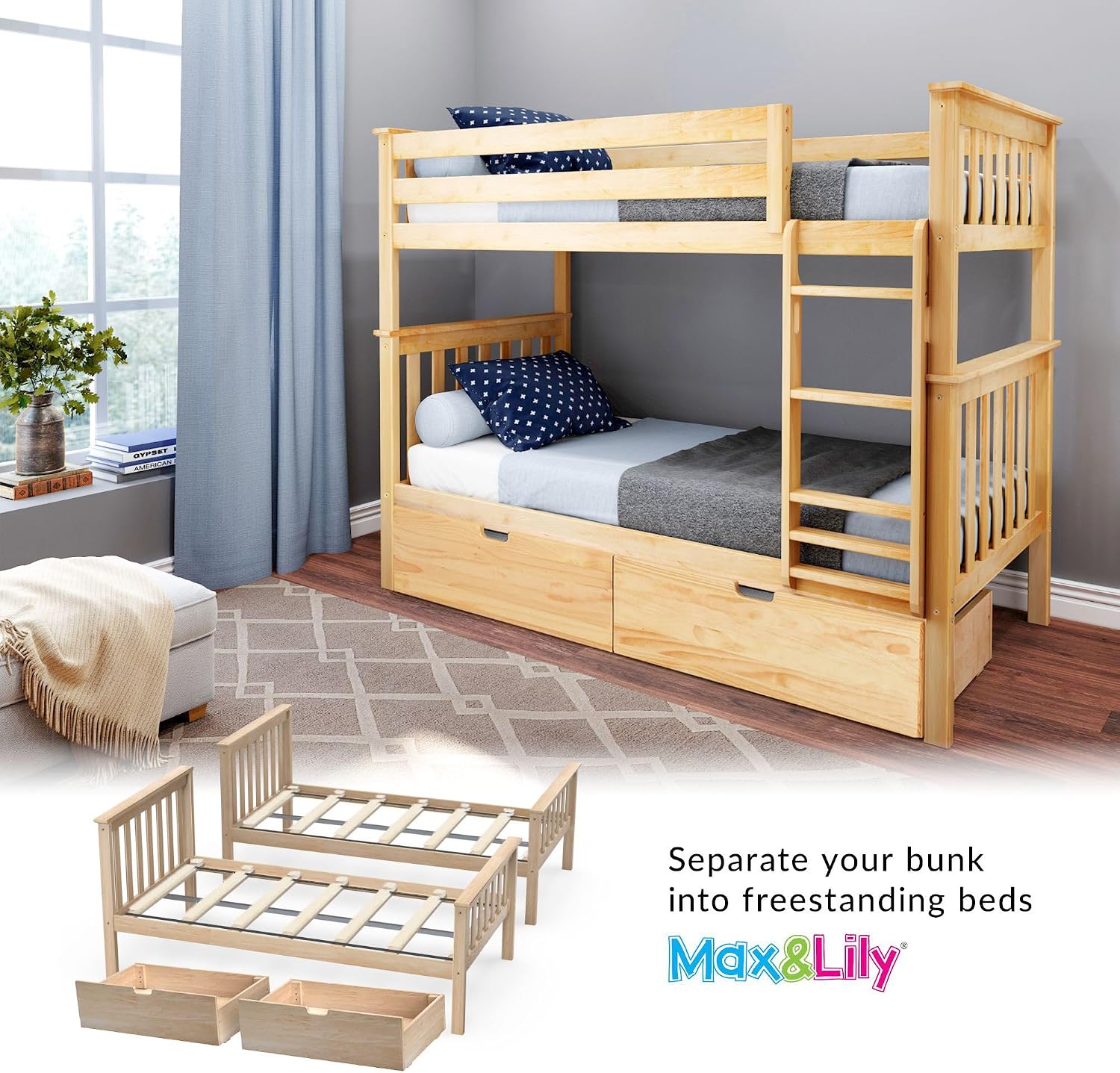 Max & Lily Bunk Bed Twin over Twin, Solid Wood Bunk Bed Frame with Ladder for Kids, 14" Safety Guardrails, Easy Assembly, No Box Spring Needed, White