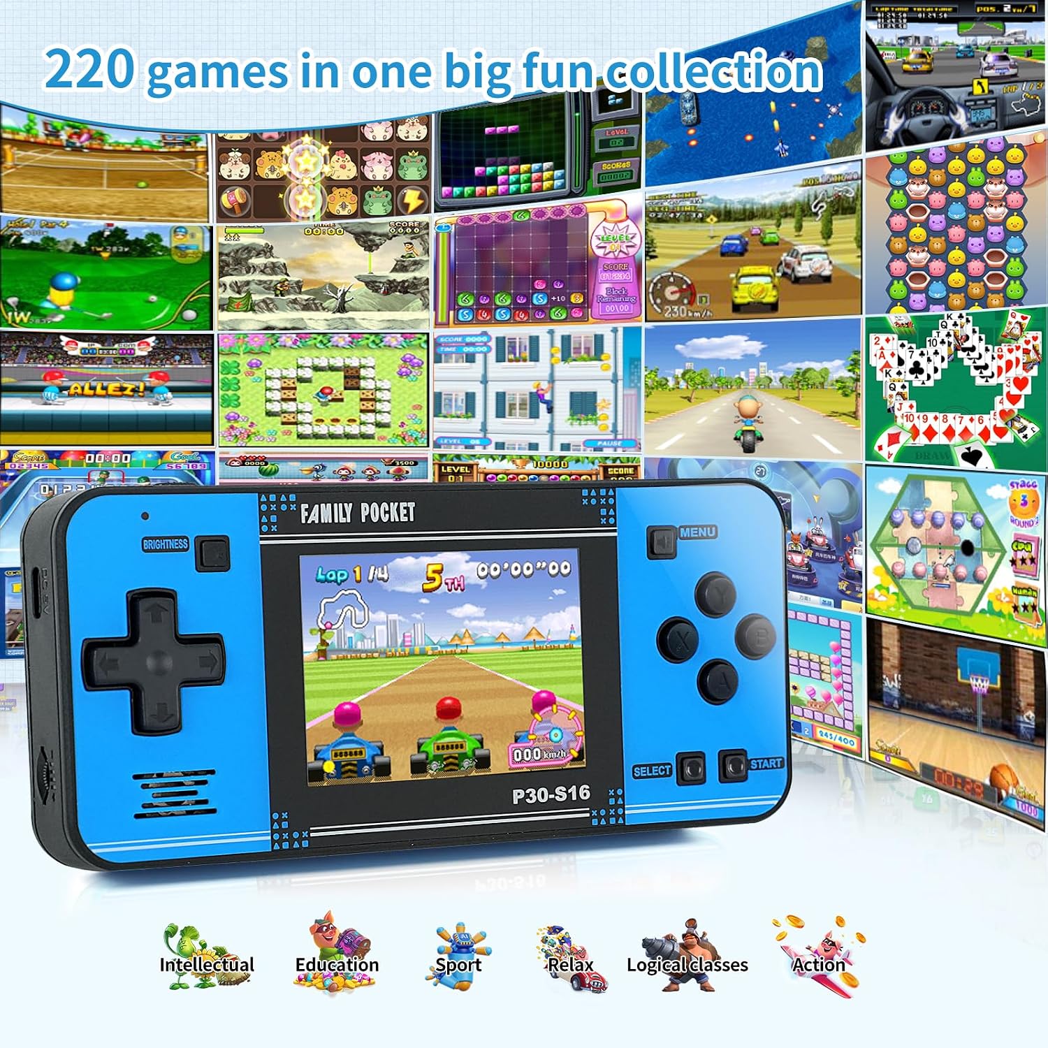 Handheld Game for Kids -Preloaded 220 Retro Video Games, Portable Gaming Player with Rechargeable Battery 3.0" LCD Screen, Mini Arcade Electronic Toy Gifts for Boys Girls (Blue)