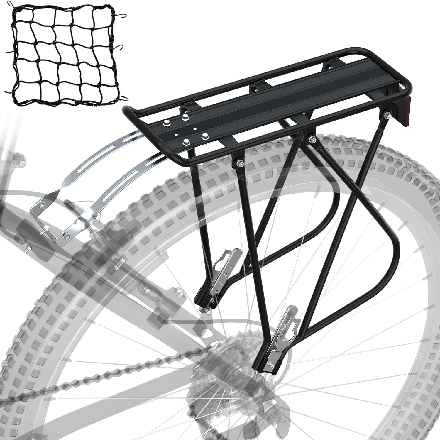 Bike Cargo Rack w/Bungee Cargo Net & Reflective Logo Universal Adjustable Bicycle Rear Luggage Touring Carrier Racks 55lbs Capacity Quick Release
