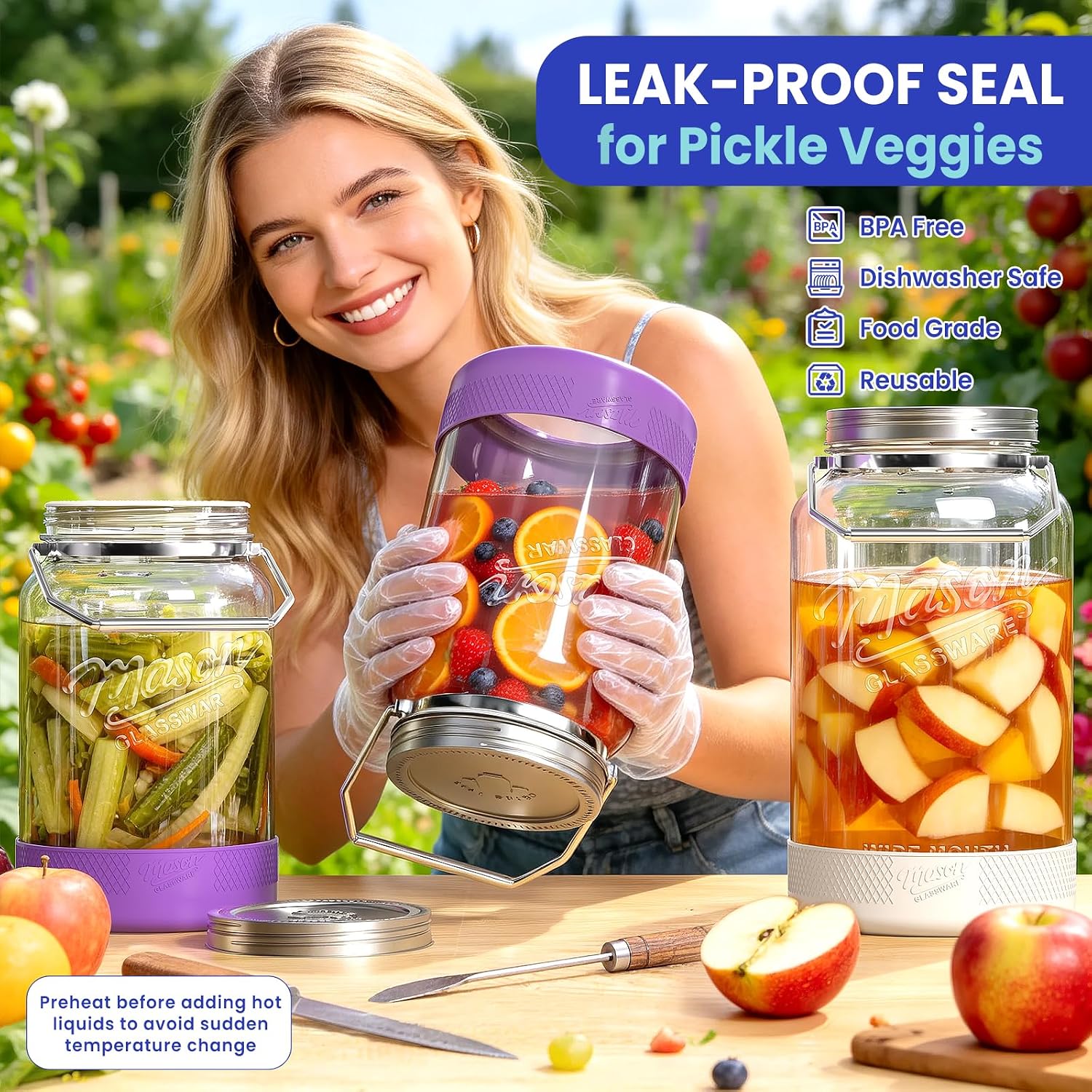 1 Gallon Glass Jars with Lids, 2 Pack Wide Mouth Mason Jars, 138 oz