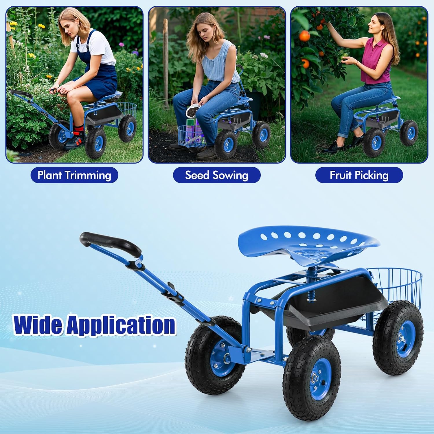 Goplus Rolling Garden Cart with Seat, Outdoor Garden Stool with Wheels, Tool Tray & Basket, Adjustable Steering Handle