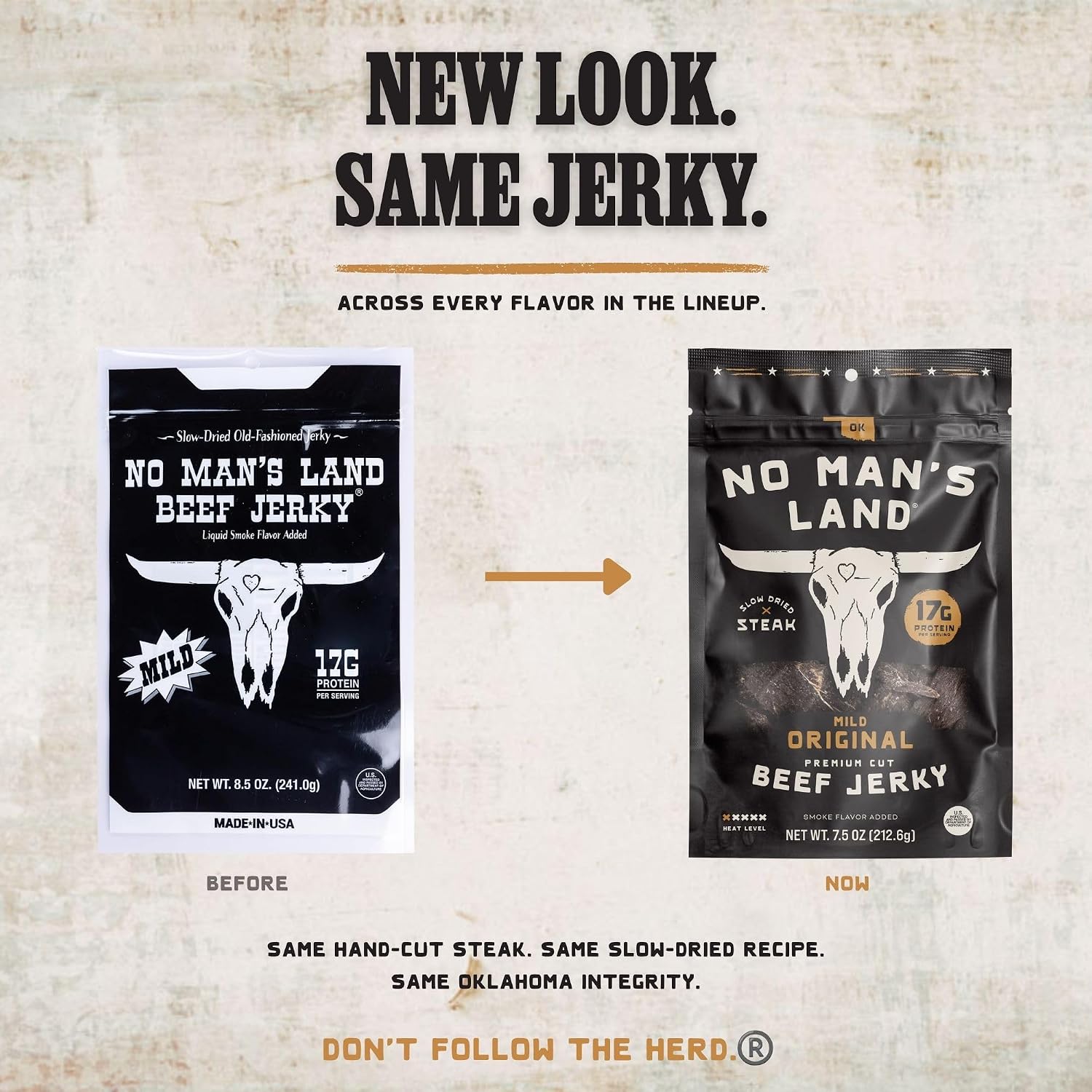 No Mans Land Slow-Dried Beef Jerky | Smoked & Seasoned Jerky Strips | High Protein, Low Carb Beef Snack | Gluten Free - MILD (16oz)
