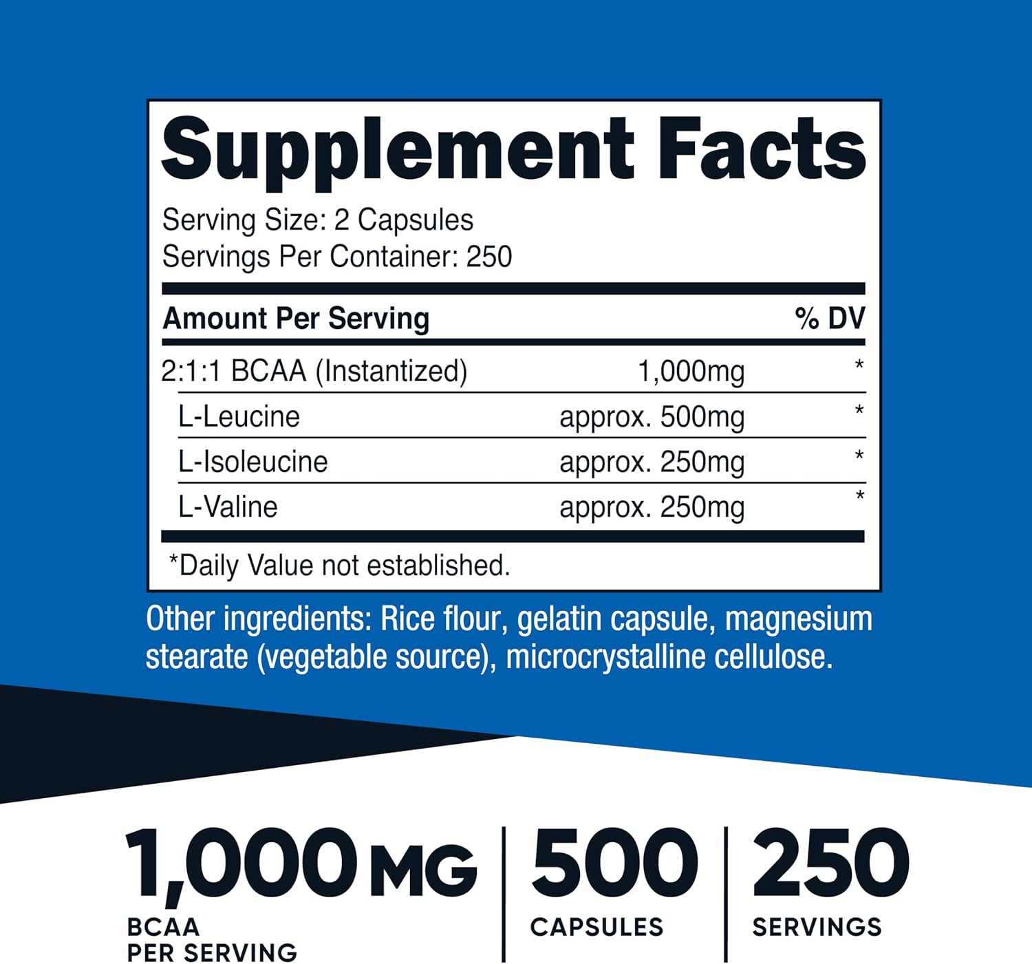 Nutricost BCAA 1000mg, 500 Capsules, 2:1:1 Branched Chain Amino Acids | 250 Servings, 500mg L-Leucine, 250mg L-Isoleucine, 250mg L-Valine