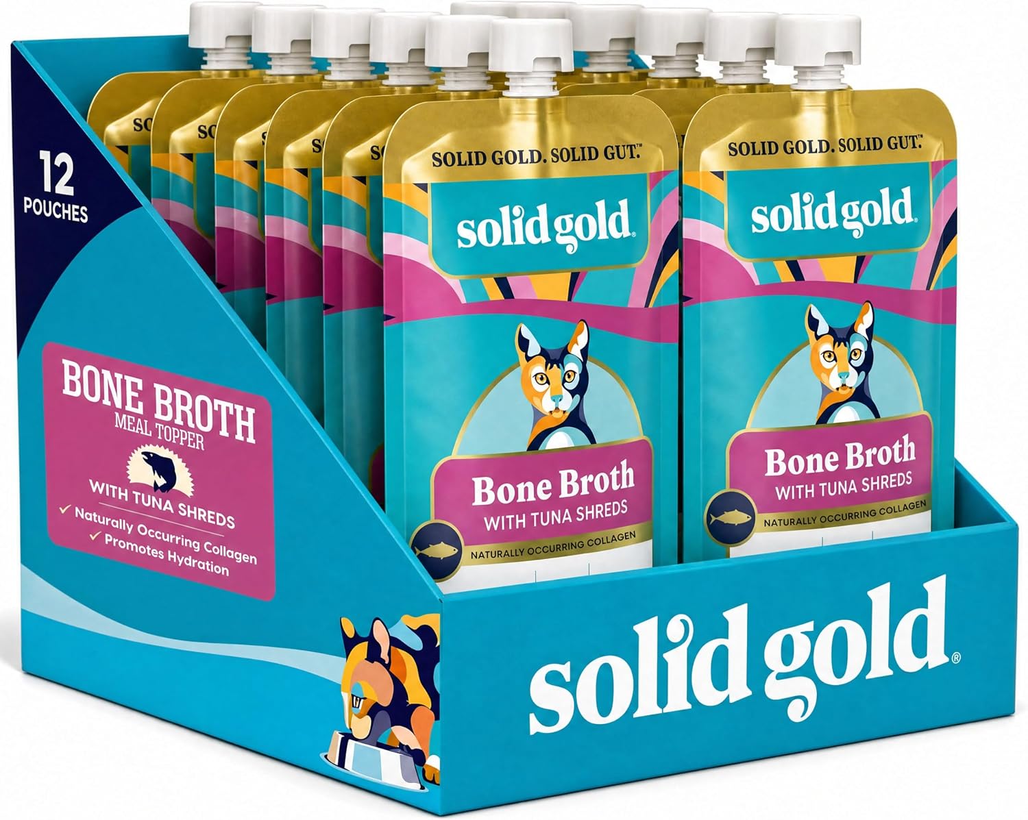 Solid Gold Bone Broth Cat Food Topper, Tuna, Lickable Pouches, 12ct