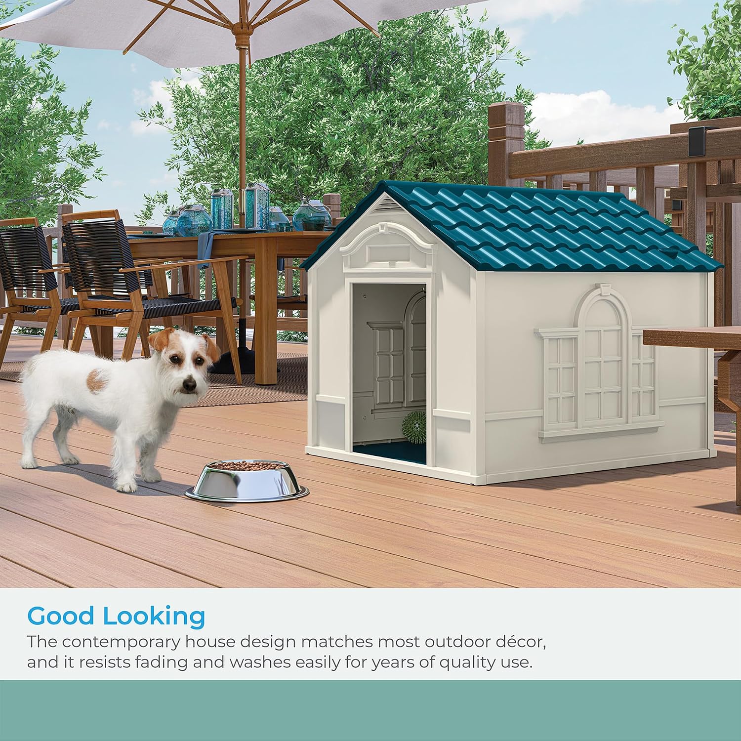 Suncast Outdoor Dog House with Door - Water Resistant and Attractive for Small to Large Sized Dogs - Easy to Assemble - Perfect for Backyards