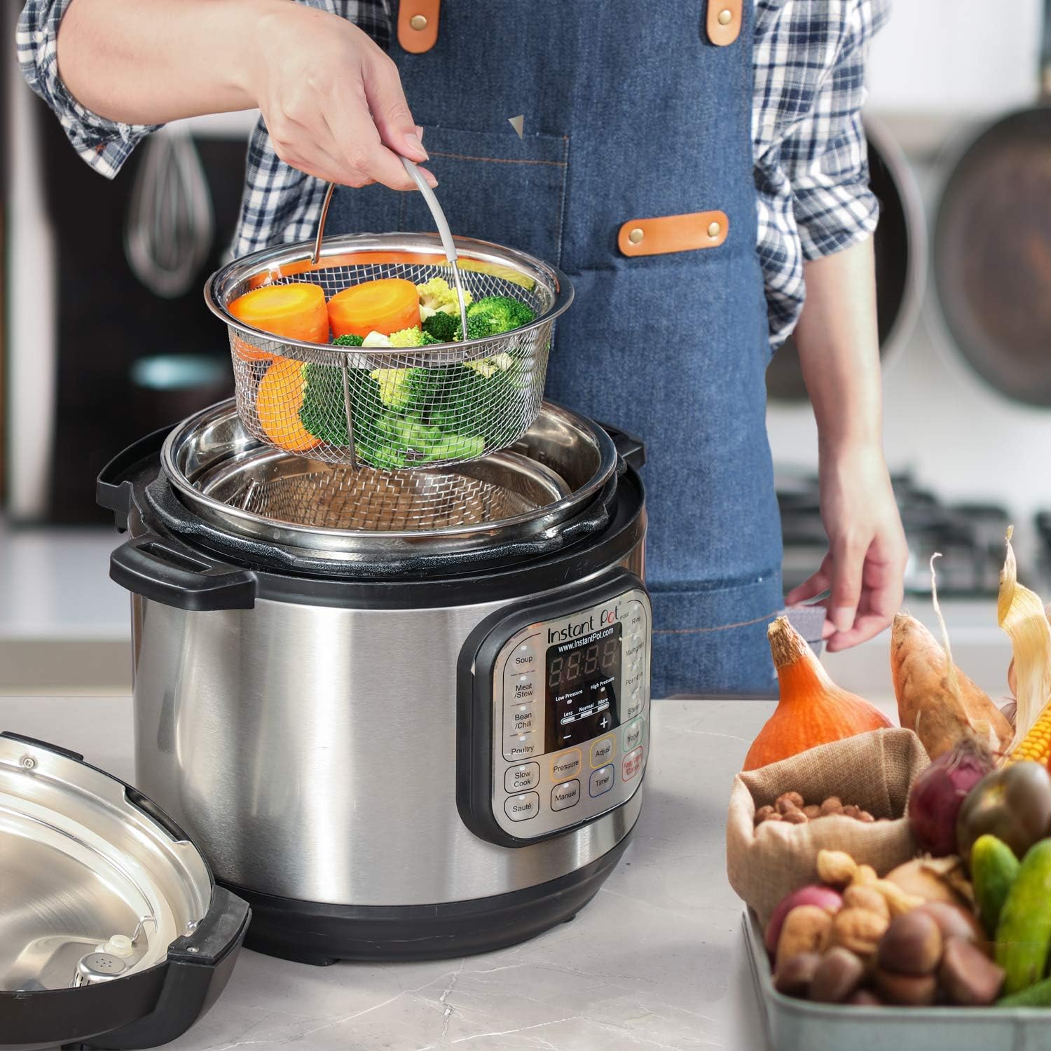 AOZITA Steamer Basket for Instant Pot Accessories 6 qt or 8 quart - 2 Tier Stackable 18/8 Stainless Steel Mesh - Silicone Handle - Vegetable Steamer